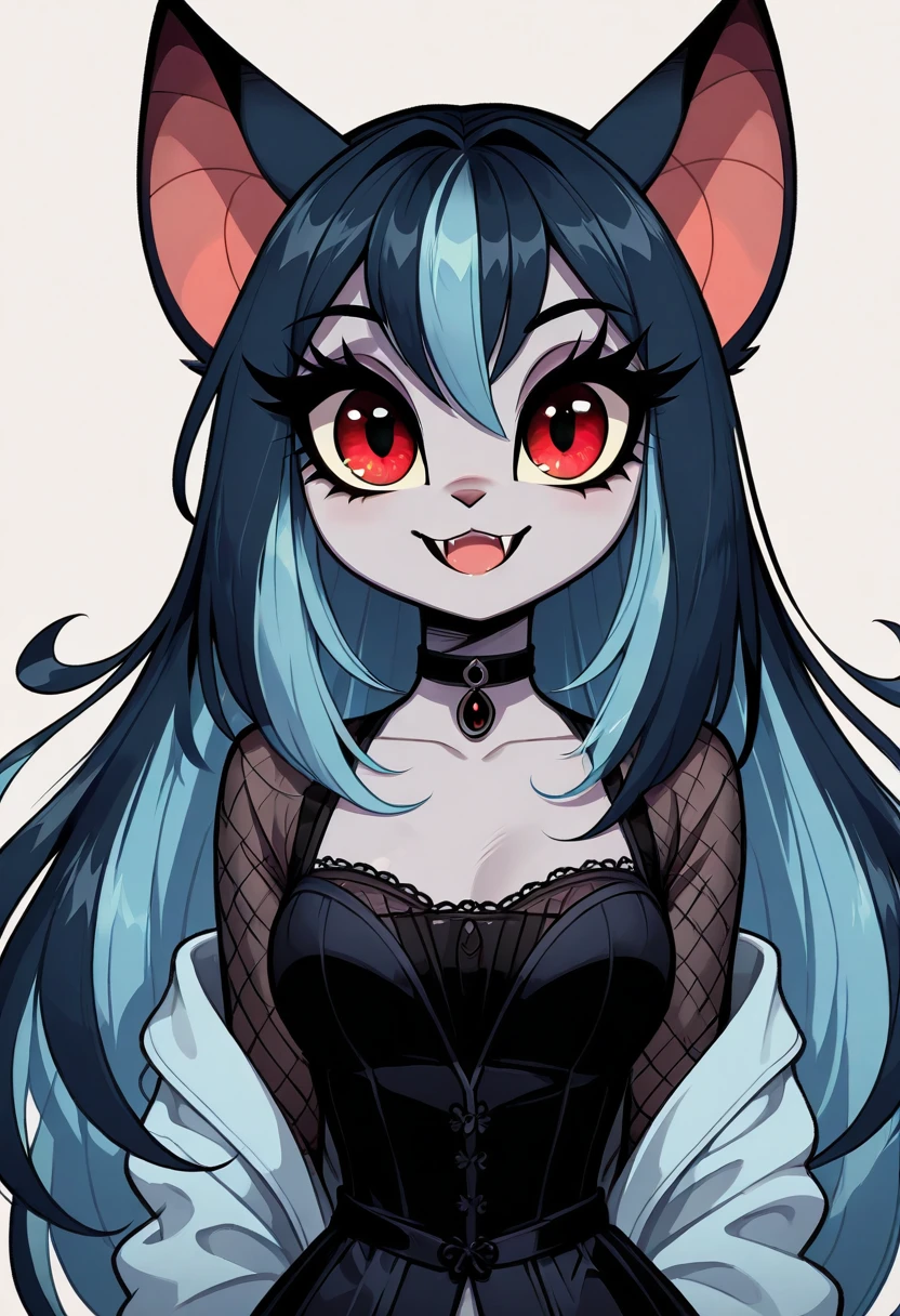 masterpiece, best quality, 1girl, solo, eyelashes, (beautiful eyes), 1girl, solo, long hair, blue hair, two-tone hair, black and blue hair, looking at viewer, bangs, animal ears, bat ears, furry, furry female, smile, fangs, colored skin, colored inner hair, jewelry, choker, black dress, blue jacket, , <lora:Vampie_IXL:1.0>,