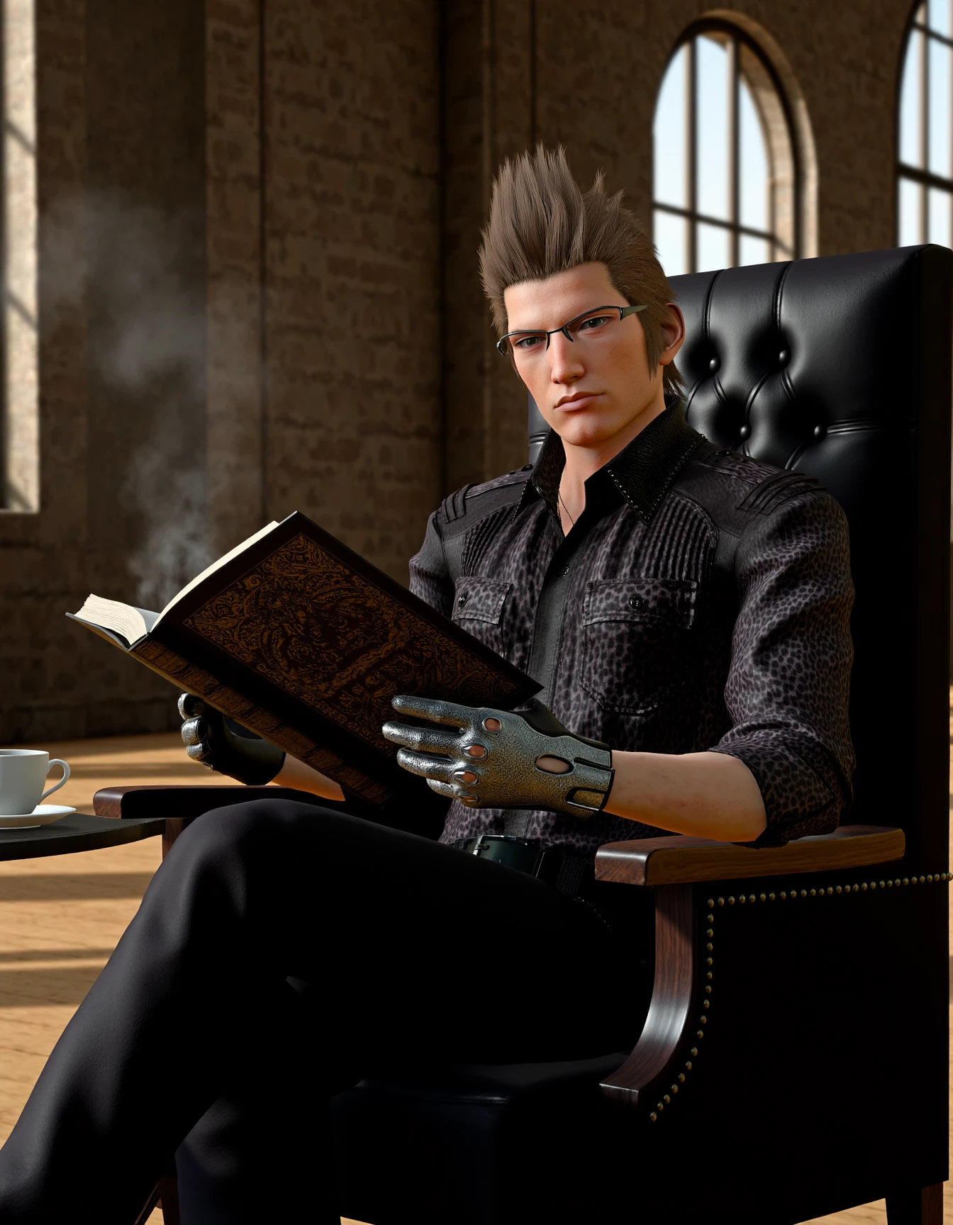 close-up. hyper realistic portrait of <lora:FFXV-Ignis-Flux-000007:1> Ignis Scientia from Final Fantasy XV in a cozy yet futuristic reading environment. Ignis is seated in a high-backed leather chair, wearing his signature outfit: a sleek, form-fitting dark gray jacket with a high collar, asymmetrical zipper, and geometric silver accents, paired with slim-fitting pants and fingerless gloves. His rectangular glasses rest on his nose as he holds an open book with a beautifully detailed cover, his expression calm and focused. The background is a sophisticated library with towering bookshelves filled with ancient tomes and modern holographic displays. Soft, warm lighting filters through large arched windows, casting a golden glow on the scene. A steaming cup of tea sits on a small table beside him, adding a touch of warmth and refinement. The atmosphere is quiet, elegant, and inviting, perfectly reflecting Ignis's love for knowledge and his composed personality