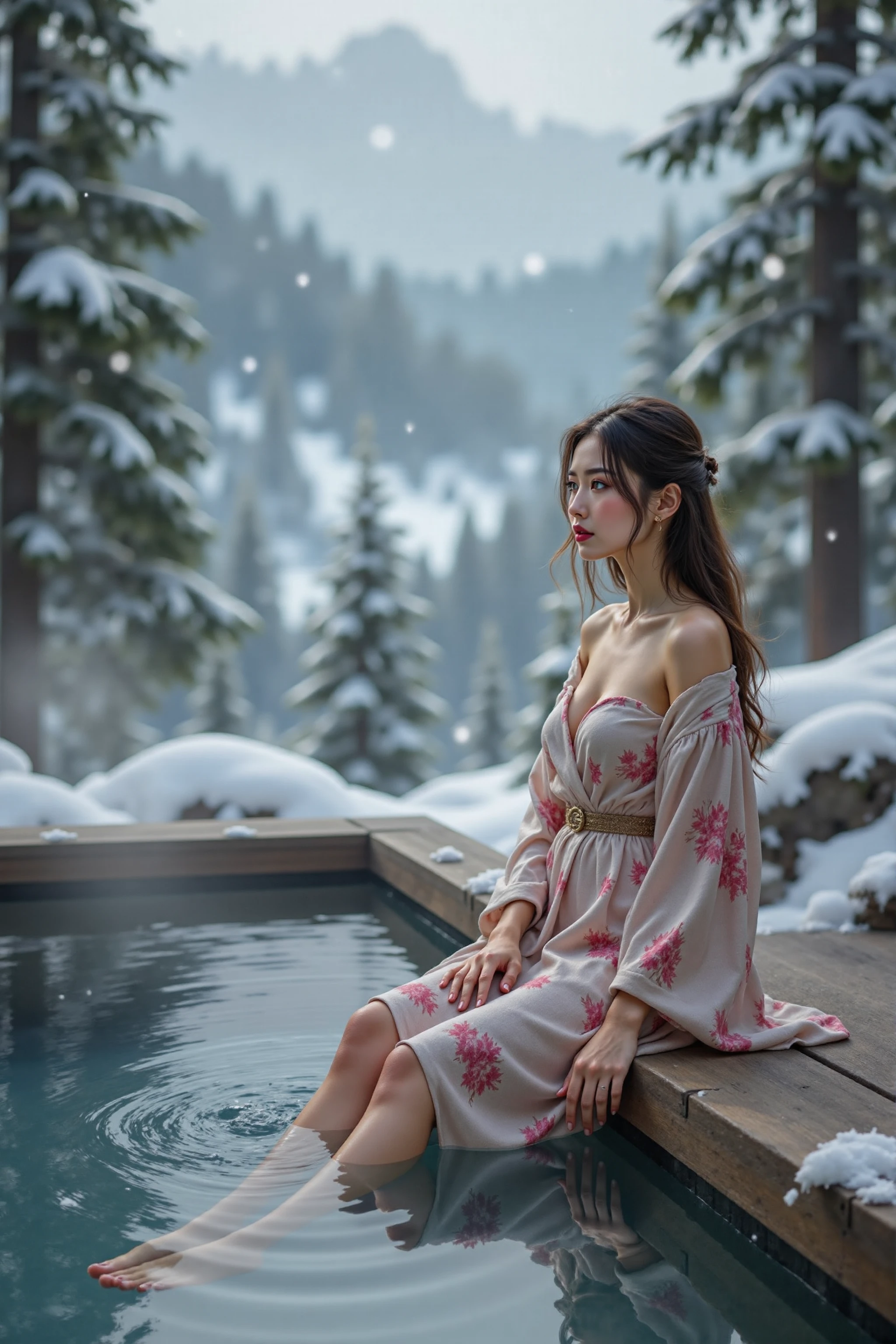 a girl,In a hot spring surrounded by verdant forests,she wears a silky tube top yukata,her skin exuding a natural glow in the hot spring steam. She sits by the wooden hot spring pool,soaking her feet in the warm spring water,surrounded by towering trees and falling snow,appearing to be in harmony with nature and humans.,