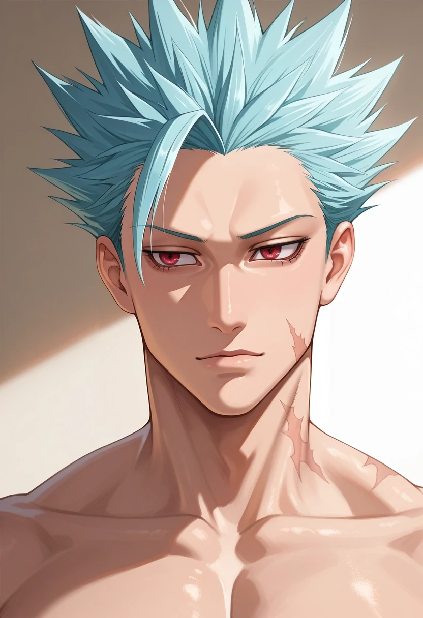 masterpiece, best quality, , (photorealistic:0.6), , 1boy, solo, male focus, <lora:ban_nanatsu_no_taizai_ilxl:0.9>, ban_nanatsu_no_taizai, blue hair, red eyes, spiked hair, scar, , ,
