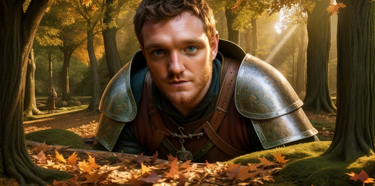 tom mckay, realistic eyes, HD, ray tracing,depth of field,subsurface scattering,
facial hair, Short beard, Short hair,
contrast, illustration lighting, illustration man,
detailed hair, detailed eyes, illustration photo of a forest in autumn, standing, wearing armor,messy hair,mountains,medieval scenery, natural light, god rays, dirty face, rugged, masterpiece, best quality, ultra-detailed, high res, (((medieval-forest-inside-scenery))), townsfolk, background characters, fantasy art, fantasy, action shot, highly detailed, digital painting, intricate, elegant, d&d, dreamlike, surrealism, vibrant lighting, illustration, fantasy art, <lora:Tom McKay-000003:1>