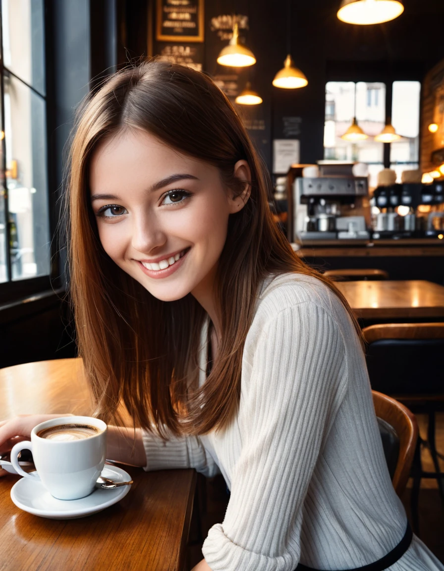 beautiful headshot of a slender French 25yo student working at a coffee shop
smiling,
woman, (sweet:1.2), (beautiful:1.3),
best quality, masterpiece,
fashion photography, editorial photo, 
professional lighting, cinematic still
