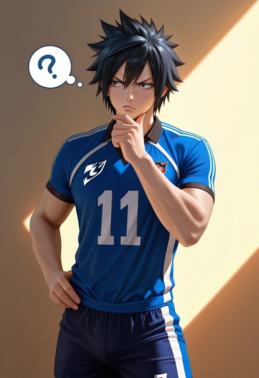 masterpiece, best quality, , (photorealistic:0.6), , 1boy, solo, male focus, <lora:gray_fullbuster_ilxl:0.94>, gray_fullbuster, black hair, black eyes, spiked hair, hair between eyes, , , confused thought, hand raised to head, furrowed brow, thinking pose, neutral lighting, Rugby shorts, Sports jersey, , Cowboy hat,
