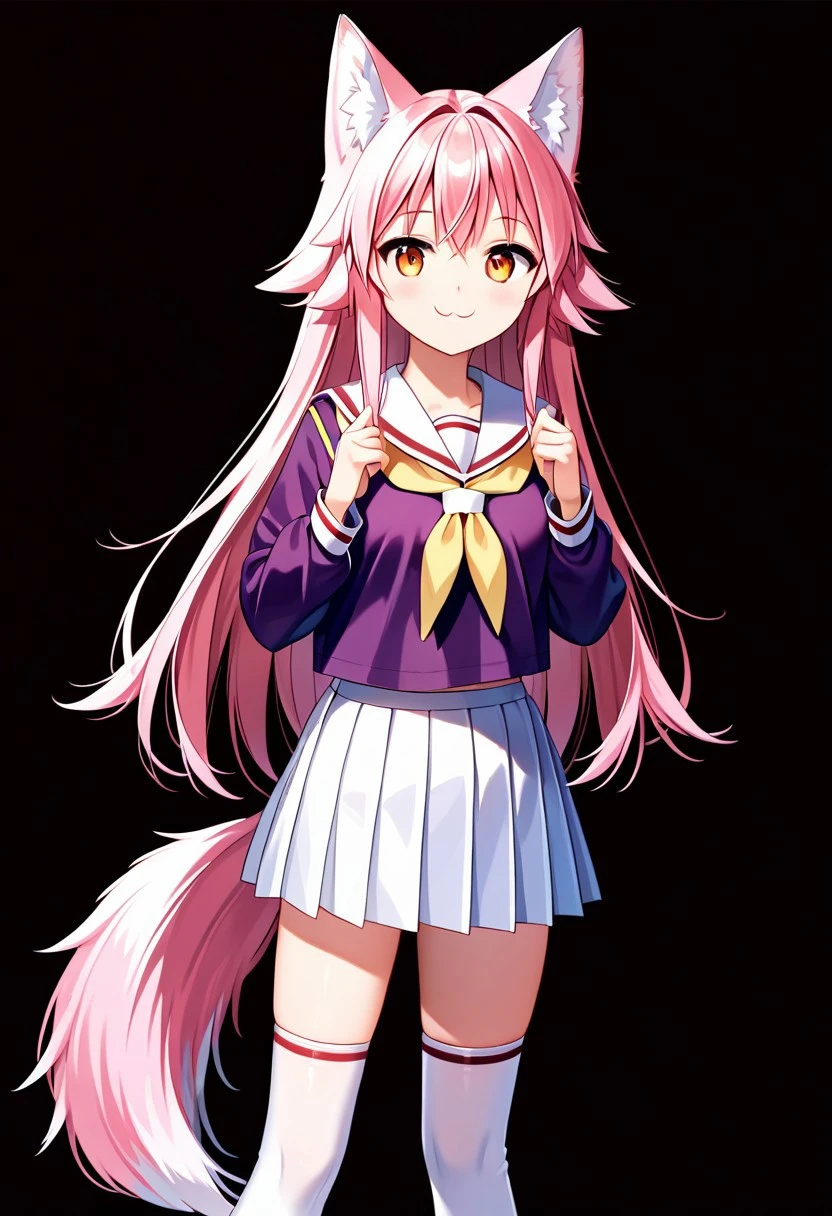 score_9, score_8_up, score_7_up, score_6_up, score_5_up, score_4_up, Lanka Ookami, wolf girl, long hair, pink hair, wolf ears, ear fluff, fluffy wolf tail, ((wolf tail)), (orange eyes: 1.1), serafuku, Skirt, School uniform, Pleated skirt, Serafuku, White skirt, Shirt, Purple shirt, Sailor collar, White Sailor collar, Long sleeves, Yellow Scarf, Knee-high stockings, smile, standing