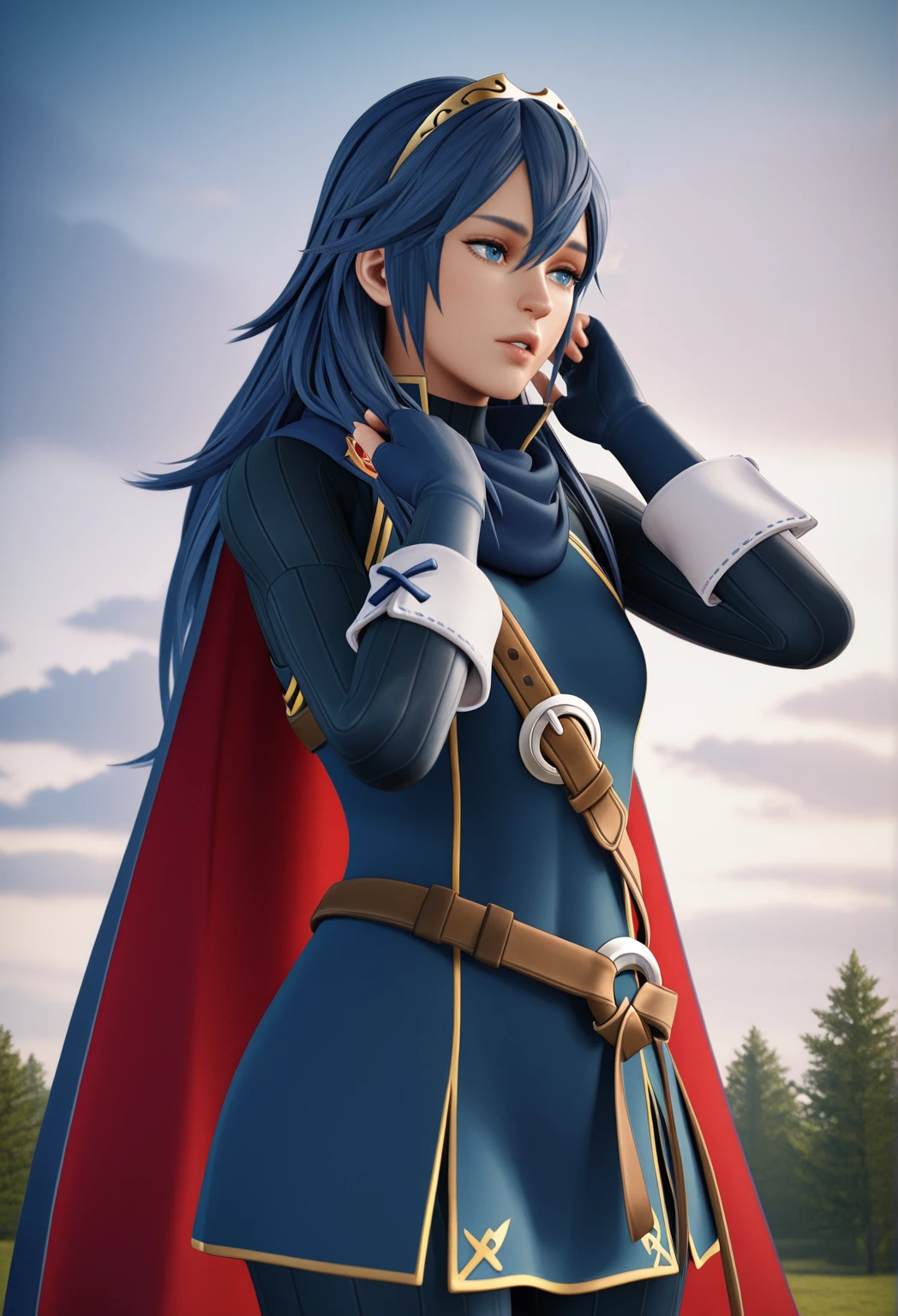 3dcgi, 3d, realistic, 1girl, (lucina:0.6), scarf, cape, fingerless gloves, long hair, blue eyes, three_quarter_view, parted lips, adjusting_hair, cowboy_shot, outside, sky, clouds, trees,