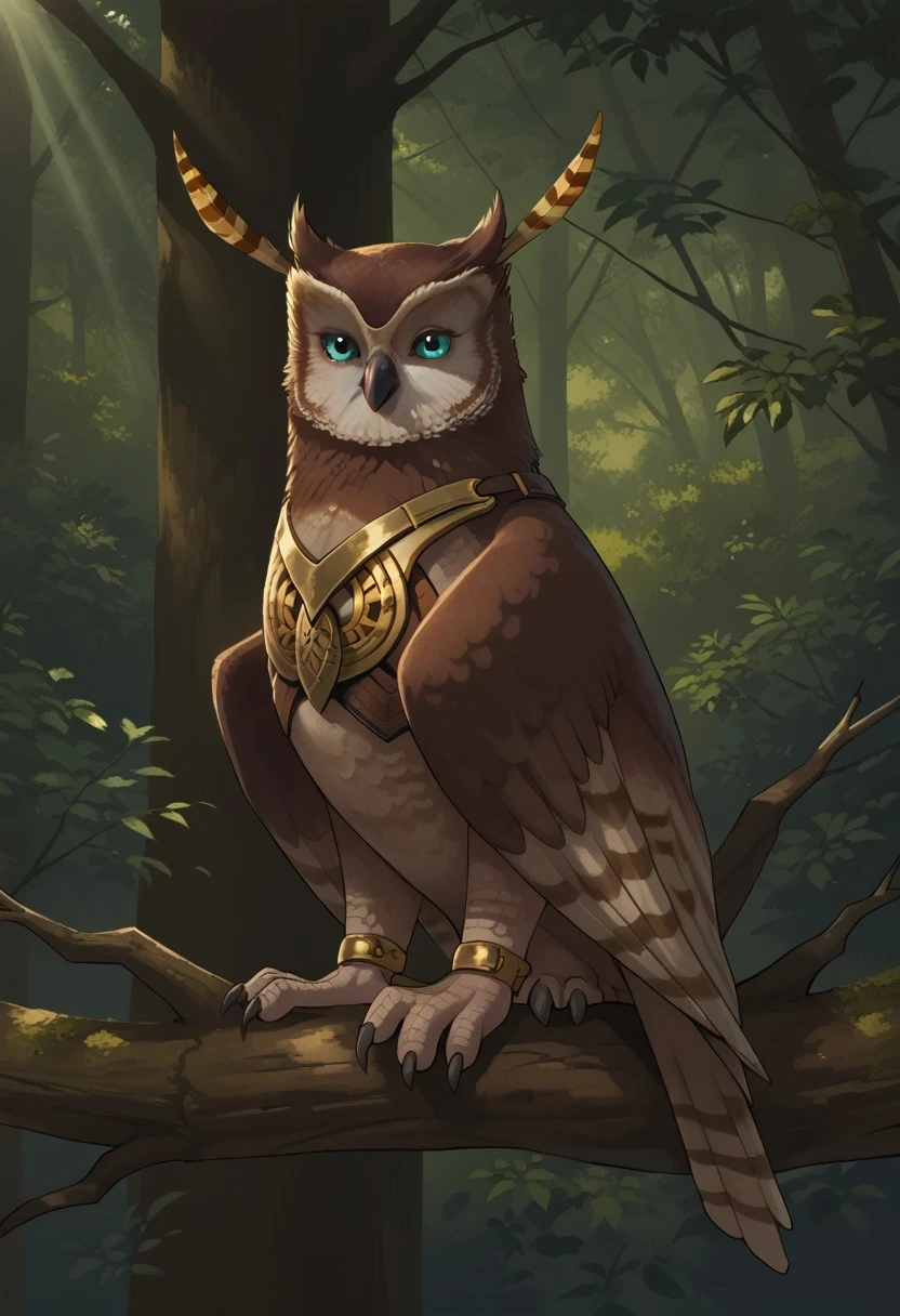 BREAK score_9, score_8_up, score_7_up, source_anime, 1girl, detailed, 1girl, Solo, Longclaw_(Sonic), owl, feral, two-tone feathers, brown-white, blue eyes, two long feathers, two feathers behind the ears, brown wings, golden armor, chest armor, (sitting on a tree branch:1.8), (sunlight dappling the leaves:1.1), forest background, view front,