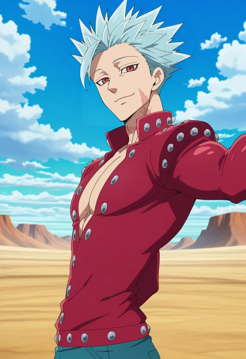 masterpiece, best quality, intricate details, anime screencap, anime coloring, official style, looking at viewer, 1boy, solo, male focus, <lora:ban_nanatsu_no_taizai_ilxl:0.9>, ban_nanatsu_no_taizai, blue hair, red eyes, spiked hair, scar, , panorama, sahara desert, day, clouds, twisted torso, happy,