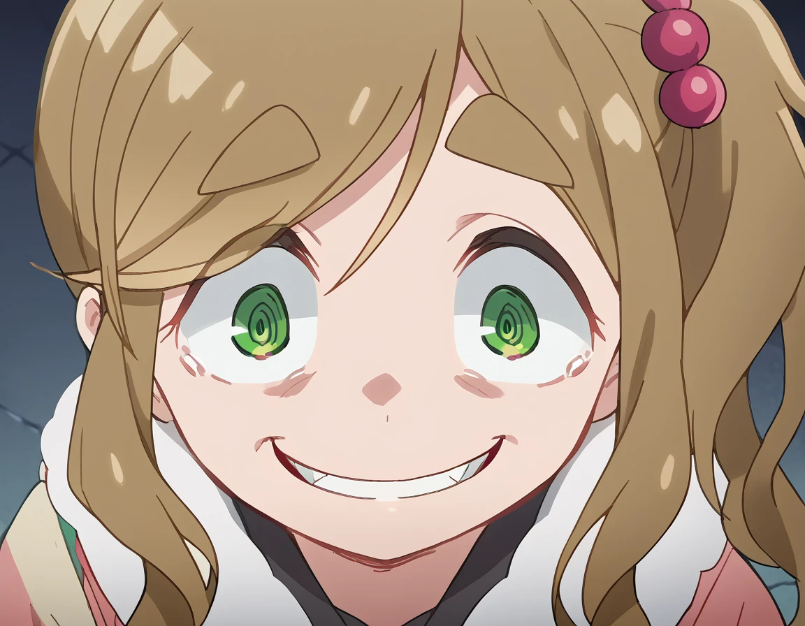 score_9, score_8_up, score_7_up, source_anime, <lora:aoi-inuyama-s3-ponyxl-lora-nochekaiser:1>, aoi inuyama, long hair, brown hair, hair ornament, green eyes, fang, side ponytail, hair bobbles, skin fang, thick eyebrows, large breasts, anime screencap, <lora:about-to-go-insane-ponyxl-lora-nochekaiser:1>, about to go insane, looking at viewer, close-up, wide-eyed, eye focus, from above,, <lora:evil-grin-ponyxl-lora-nochekaiser:1>, evil grin, evil smile, grin, evil eyes, crazy eyes, teeth,,