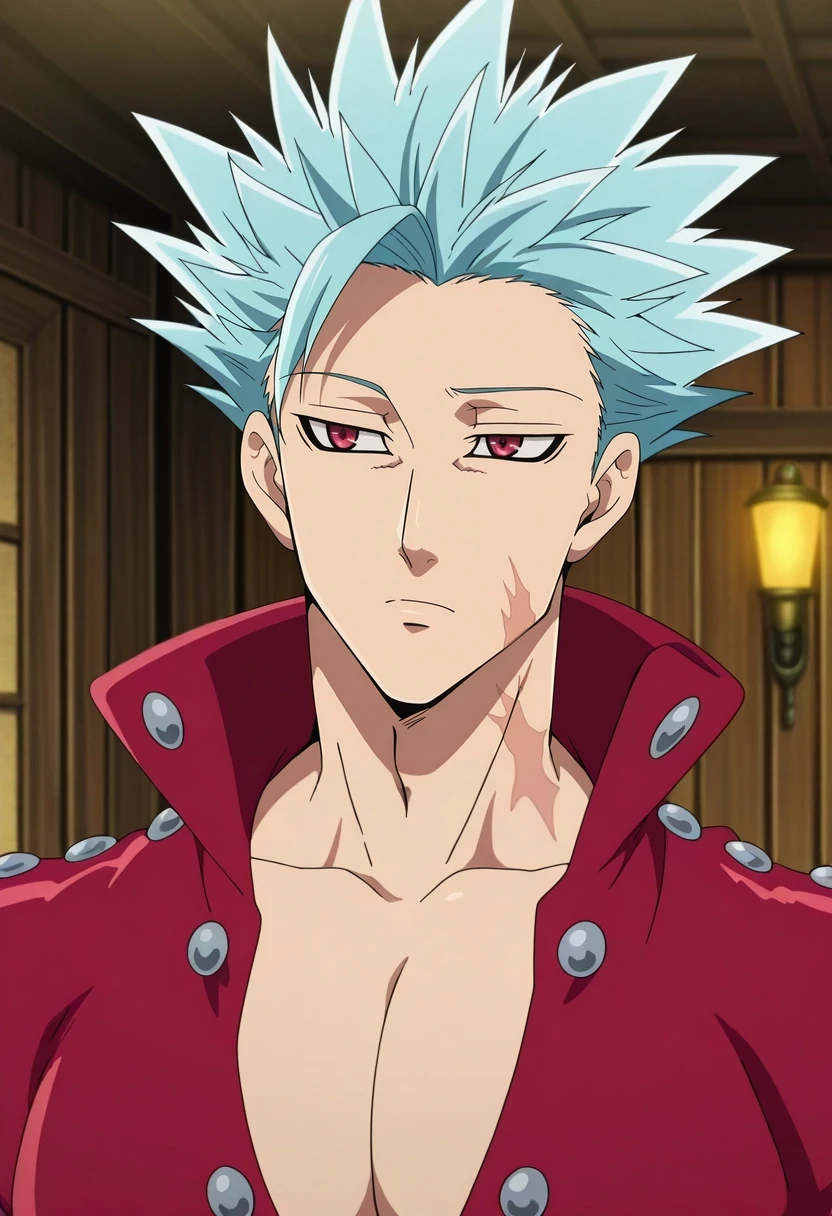 masterpiece, best quality, , anime screencap, anime coloring, official style, , 1boy, solo, male focus, <lora:ban_nanatsu_no_taizai_ilxl:0.96>, ban_nanatsu_no_taizai, blue hair, red eyes, spiked hair, scar, , , texan costume