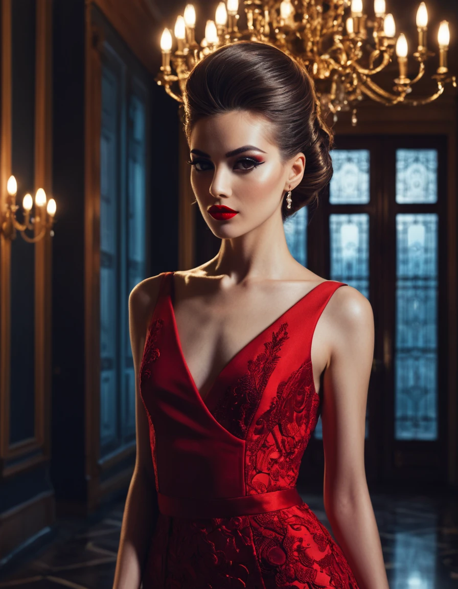 beautiful portrait of a gorgeous 25yo woman in a formal red dress, standing in a mansion
22yo woman, beautiful, red lipstick, eyeshadow, eyeliner,
upper body,
best quality, masterpiece, intricate hairstyle,
fashion photography, editorial photo,
professional lighting, cinematic still