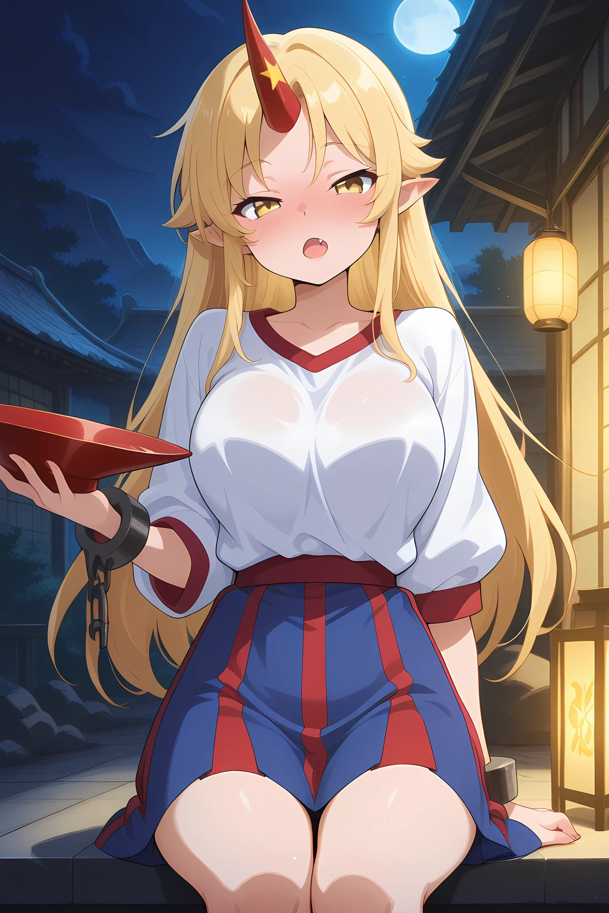 absurdres, highres, masterpiece, best quality, amazing quality, official anime artwork, screencap, anime screencap, outdoors, looking at viewer, open mouth, ,
east asian architecture, former capital, gensokyo, underground, dark, light particles, lantern, sitting, drunk, holding sakazuki, on a roof,
<lora:Yuugi-Hoshiguma_Illustrious:1> hoshiguma yuugi, 1girl, solo, blonde hair, yellow eyes, long hair, fang, single horn, pointy ears, oni horns, large breasts,, shackles, white shirt, blue skirt, red striped skirt,