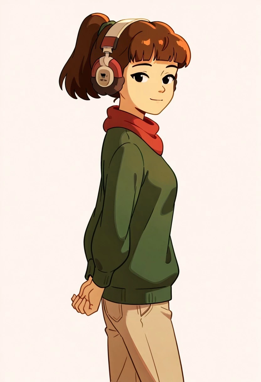 <lora:lofi_girl_ILL-10:1>2d, lofi_girl_ill, 1girl, brown hair, headphones, bangs, black eyes, hair tie, ponytail, red neck warmer, green sweater, beige pants, medium breasts,
looking at viewer, light smile,
amazing quality,very aesthetic,absurdres,newest,
(white background),
standing, from side, arms behind back
