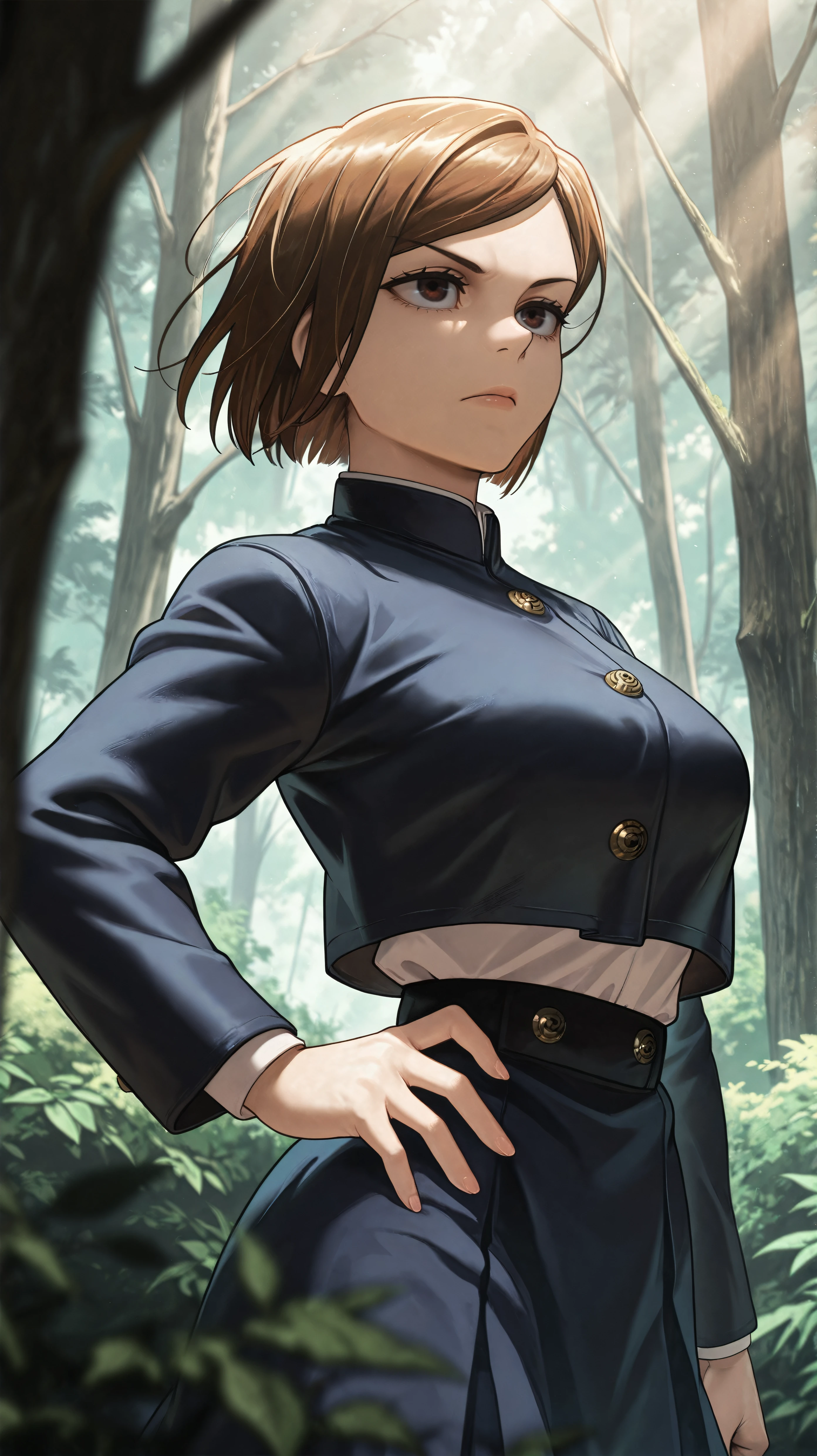 masterpiece, best quality, amazing quality, girl, dynamic pose, standing with hand on her hip, <lora:Nobara - Illu:1>, short hair, brown hair, brown eyes, jujutsu tech uniform, blue jacket, overhanging shirt, long sleeves, blue skirt, pantyhose, forest, bushes, light rays, ferns, depth of field, blurry foreground, serious,