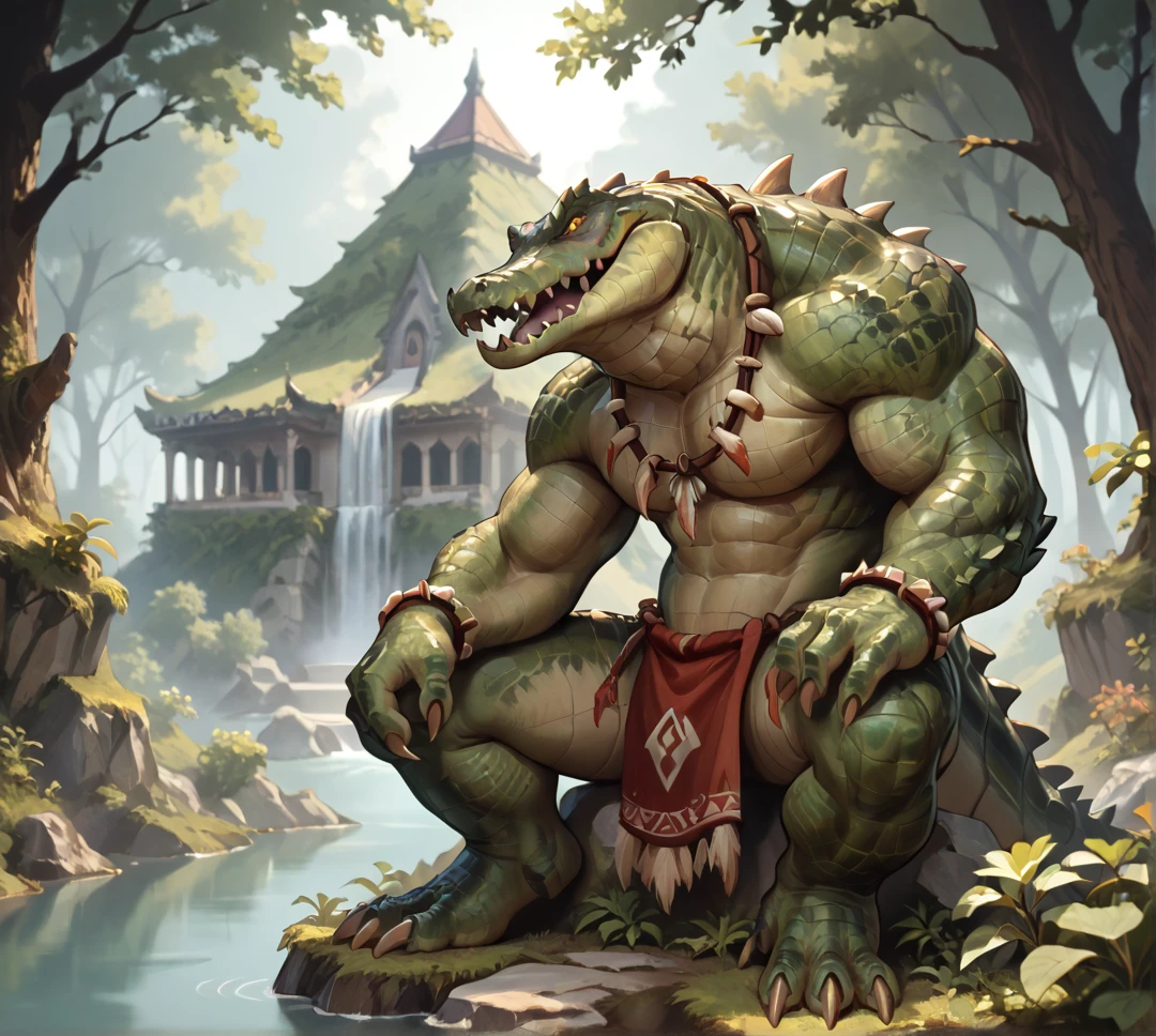 safe_pos, score_9_up,score_8_up,score_7_up,score_6_up,score_5_up,score_4_up, masterpiece, high quality, digital painting, source_monster, zPDXL3, BREAK,
forest, (temple), temple background, campsite, tent, tribal, sitting, sitting on log, campfire, fire, loin cloth, hunchback,
Crocodilian, crocodylid, crocodile, werecroc, (monster), (creature), lizardman, lizardmen, reptile, scales, plated scales, spikes, back spikes, spiked spine, sharp teeth, tail, claws, muscular, arm spikes, thigh spikes, shoulder spikes, wide frame, thick arms, thick chest, <lora:Croc for PonyXL_v2:0.6>