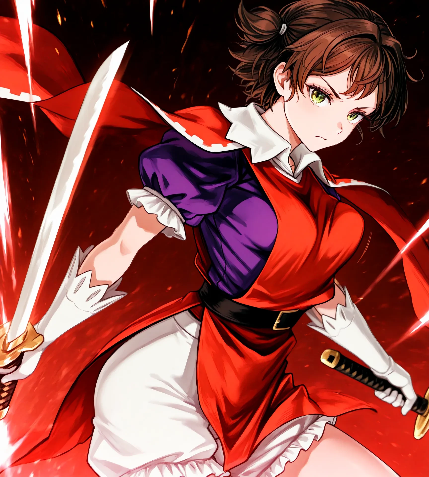 masterpiece, best quality, high resolution, absurdres, newest,1girl,solo,kubo tite  \(style\), explicit,anime coloring,<lora:CleanAnime - [Enchanter] - illustriousXL v1.5:0.8>,
<lora:melisandre_ill_v2:1>,
melisandre,1girl,brown hair,short hair,short twintails,green eyes,twin cape,red tabard,puffy sleeves,short sleeves,purple shirt,collared,pelvic curtain,white shorts,white gloves,
serious,
red tabard squeeze,lift shirt,flashing breasts,
<lora:Torpedo breasts IXL 2:0.5>,
medium breasts,bouncing breasts on clothes,
holding swords,dual swords,attack,slash effects, dual wielding,
simple background,gradation background,
