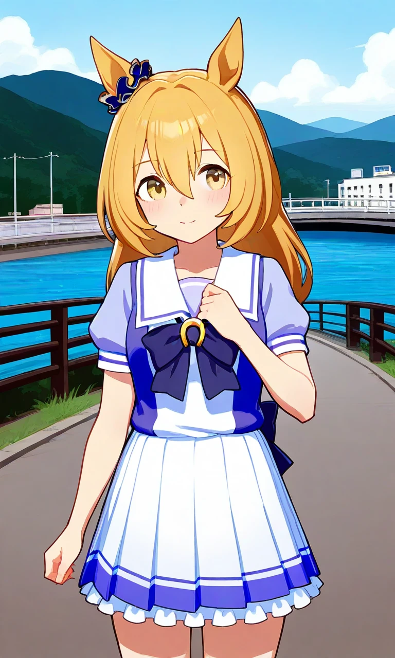 Anime girl in a sailor outfit standing on a path by the water - SeaArt AI