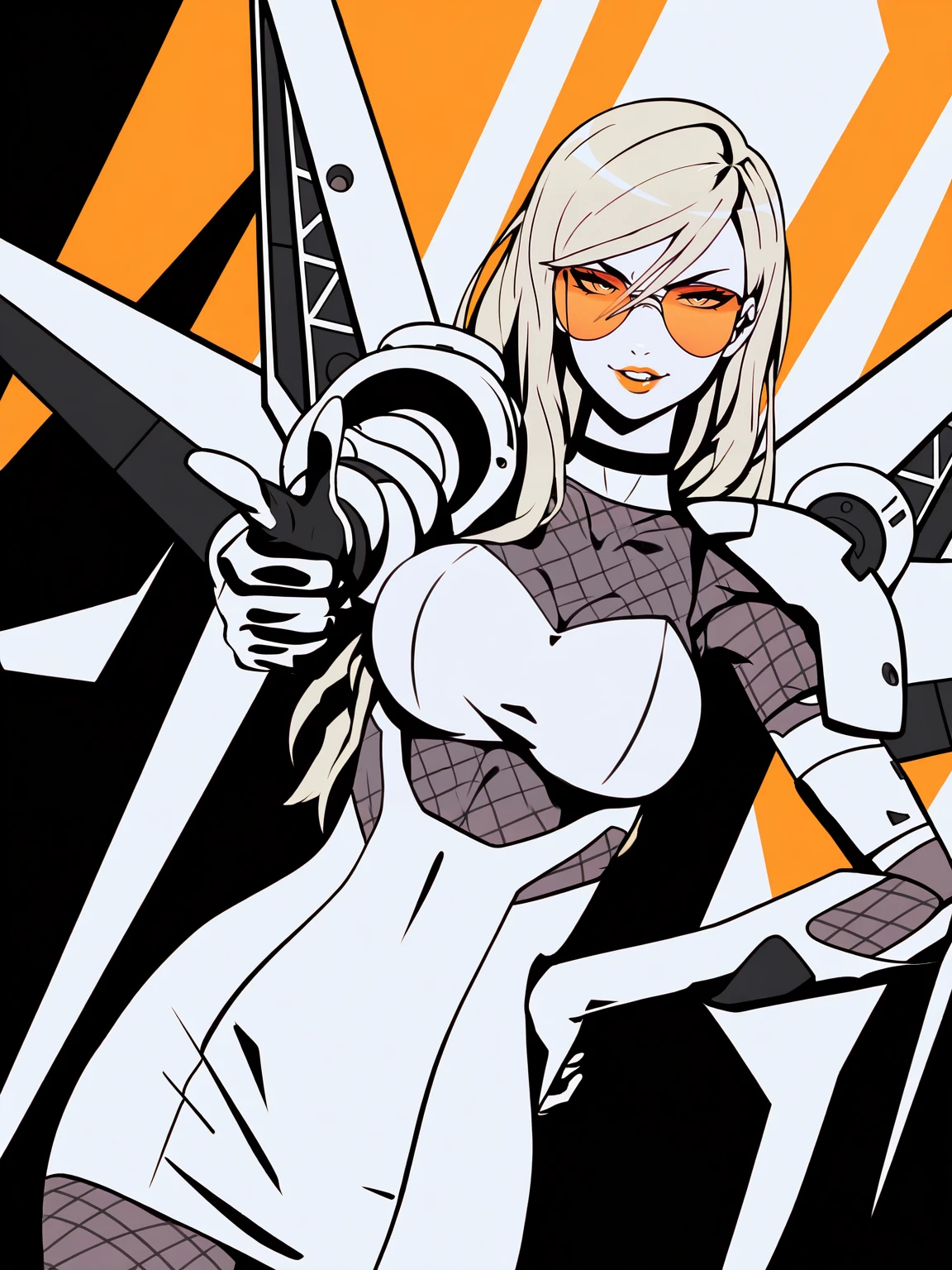 Masterpiece,best quality, vector art,thick lines,cowboy shot, blonde,fishnets,elbow gloves,looking at viewer,pauldrons,seductive smile,puffy lips,nose,lipstick,teeth,limited color palette,long hair,
edgFut, 1girl, solo, breasts, dress, armor, lips, wearing edgFut_outfit,futuristic clothing,finger gun,pointing at viewer,mechanical wings,hand on hip,
<lora:edgFuturisticISLAAA:0.75>
sunglasses, black choker, swept bangs, ((hair between eyes)), leaning backwards, dutch angle, top view<lora:edgOl1viaILS-forNadia:0.65>