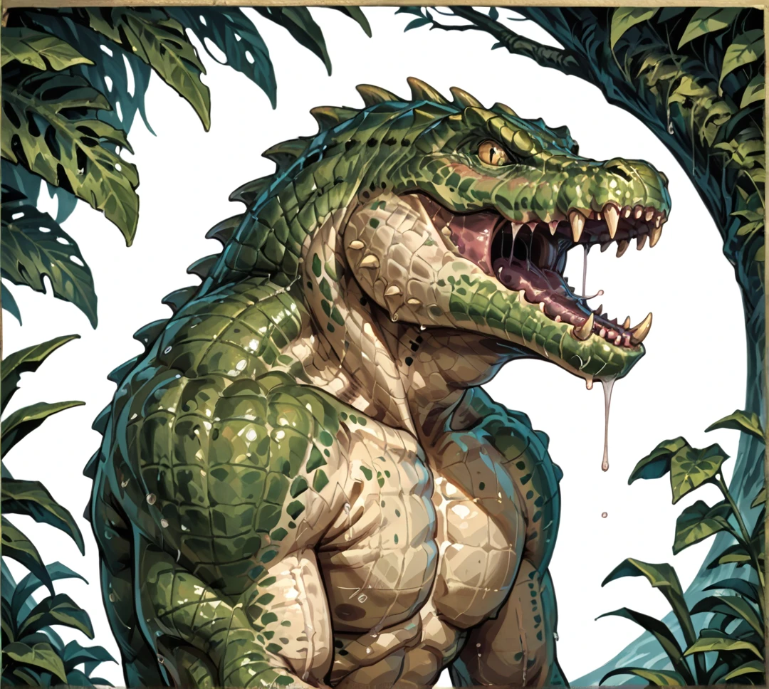 safe_pos, score_9_up,score_8_up,score_7_up,score_6_up,score_5_up,score_4_up, masterpiece, high quality, digital painting, source_monster, zPDXL3, BREAK,
portrait, close up, profile, side view, open mouth, roar, drool, saliva, spittle, saliva strand, forest background, blurry background,
Crocodilian, crocodylid, crocodile, werecroc, (monster), (creature), lizardman, lizardmen, reptile, scales, plated scales, spikes, back spikes, sharp teeth, muscular,
<lora:Croc for PonyXL_v2:0.75>