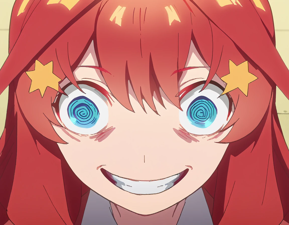 score_9, score_8_up, score_7_up, source_anime, <lora:itsuki-nakano-s2-ponyxl-lora-nochekaiser:1>, itsuki nakano, bangs, long hair, blue eyes, hair between eyes, ahoge, red hair, star (symbol), hair ornament, star hair ornament, large breasts, anime screencap, <lora:about-to-go-insane-ponyxl-lora-nochekaiser:1>, about to go insane, looking at viewer, close-up, wide-eyed, eye focus, from above,, <lora:evil-grin-ponyxl-lora-nochekaiser:1>, evil grin, evil smile, grin, evil eyes, crazy eyes, teeth,,
