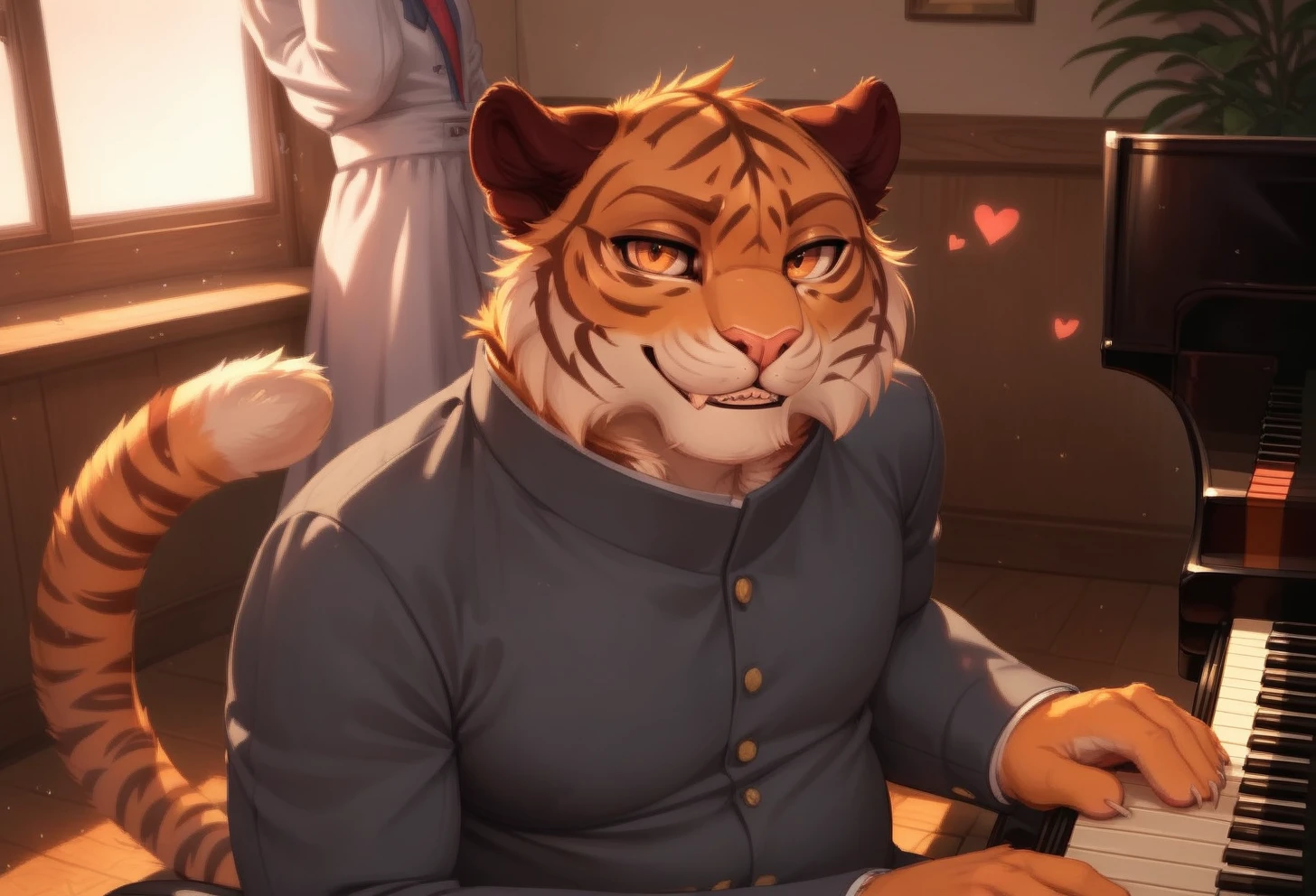 score_9, score_8_up, score_7_up, score_6_up, 1anthro, 1human, male, , furry, detailed fur, anthro, eyes, , perfect face, detailed eyes, perfect eyes, sexy, sexy boy, beautiful eyes, perfect cute face, petite body, face focus, dynamic angle, close up, face focus, indoors, detailed lighting, detailed background,
smug expression, floating hearts, eye focus, smug, pleased, mischievous, smirk, seductive pose, smiling, music hall, sitting, playing piano, grand piano, pianist,
detailed eyes, perfect eyes, beautiful eyes, , bedroom eyes, detailed eyes, perfect eyes, beautiful eyes, , detailed fur, tail, eyes, realistic fur, , solo, 1 boy, young, (((handsome, detailed face and eyes))), solo, anthro, male, chubby, overweight, fat, tiger, striped fur, orange eyes, two tone fur, feline, tiger tail, long tail, Jun_Kobayashi, Jun, wearing school uniform, grey clothes, gray clothes, uniform, clothed, tiger tail visible, <lora:Jun_Kobayashi_-_Tennis_Ace:0.55>
tail, uncensored,
<lora:princess_xl_v1:1> <lora:Expressive_H:0.8> <lora:g0th1cPXL:0.45> <lora:incase-ilff-v3-4:0.3>, feline mouth, sharp teeth,
<lora:CleanDetailed_Eyes:0.25> <lora:Better_caninefeline_mouth:0.2>