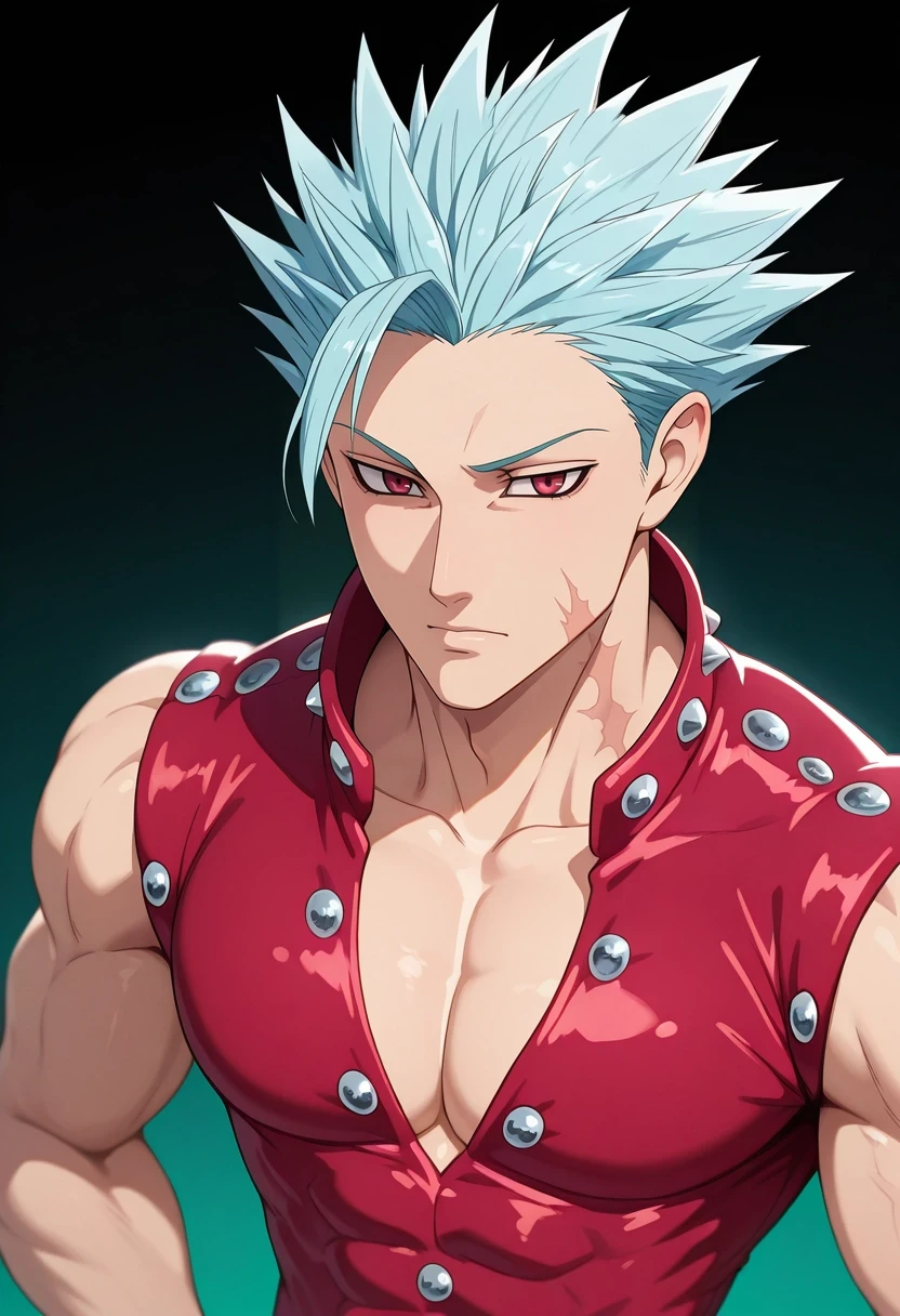 masterpiece, best quality, , (3d:0.4), , 1boy, solo, male focus, <lora:ban_nanatsu_no_taizai_ilxl:0.96>, ban_nanatsu_no_taizai, blue hair, red eyes, spiked hair, scar, , ,