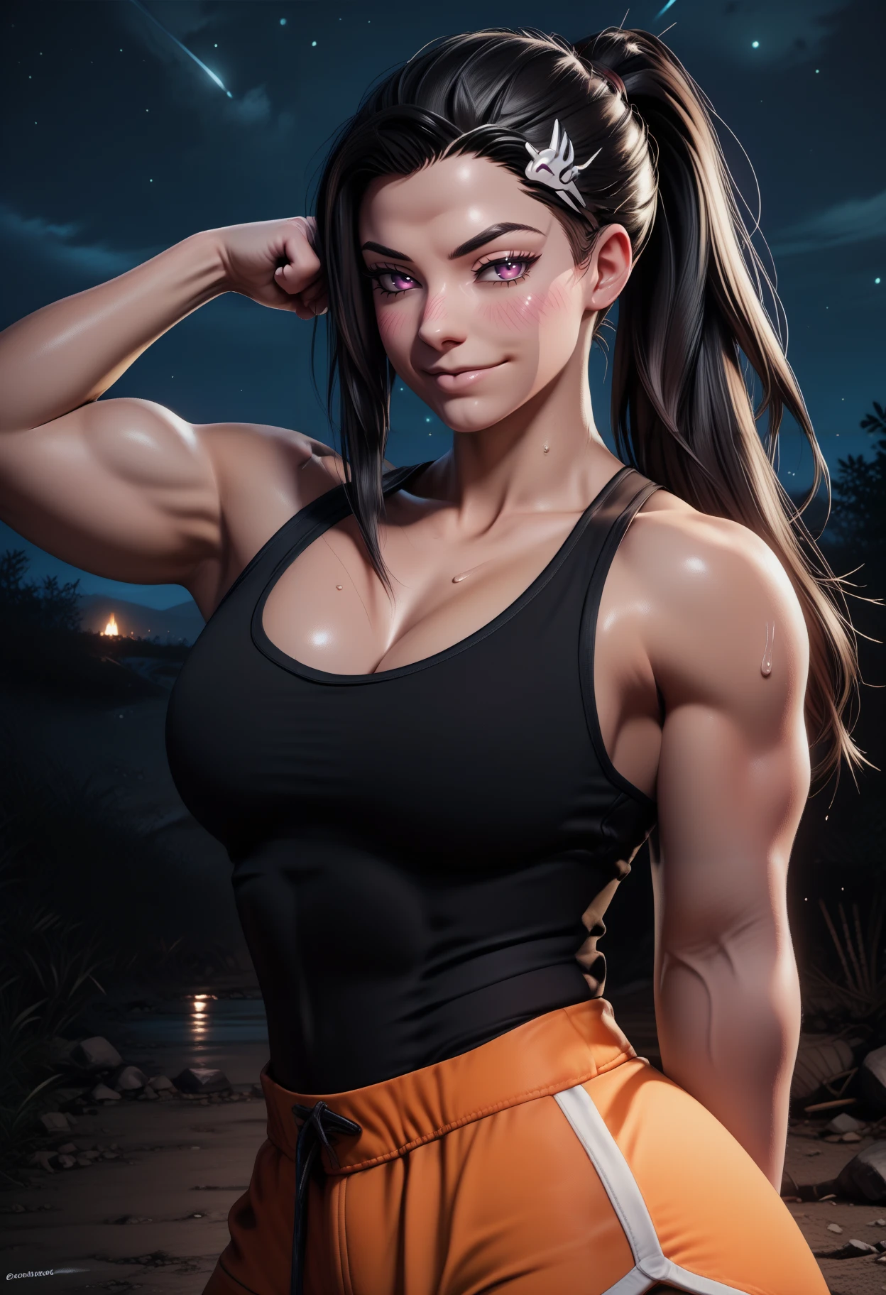 masterpiece, best quality, 3d, shiny skin, newest, hdr, dark, night, outdoors, red moon, desert, 1girl, solo, maki oze, black hair, long hair, ponytail, sidelocks, purple eyes, black tank top, cleavage, collarbone, covered abs, toned, orange pants, flexing, biceps, looking at viewer, smile, blush, sweat, sweatdrop,
