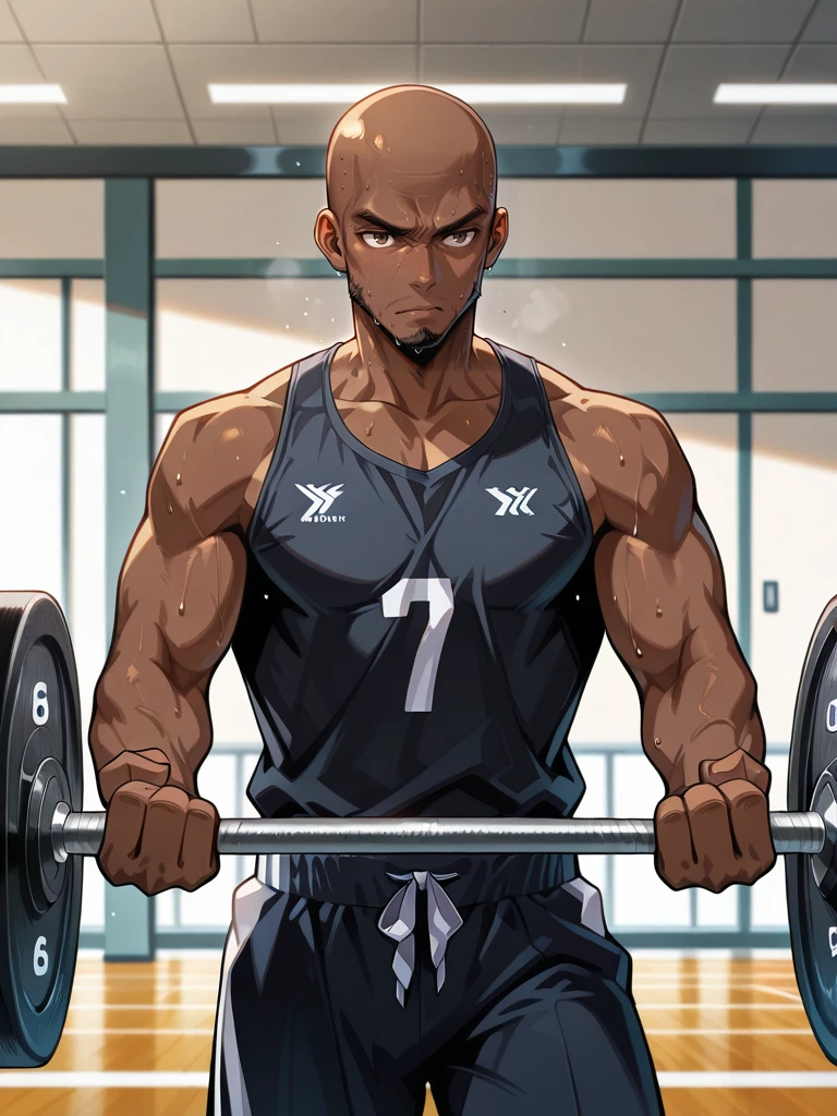 <lora:B._A._Reynald:1>,Reynald,1boy,bald,solo,
gym,lifting weights,sweating,determined,
masterpiece,best quality,ultra detailed