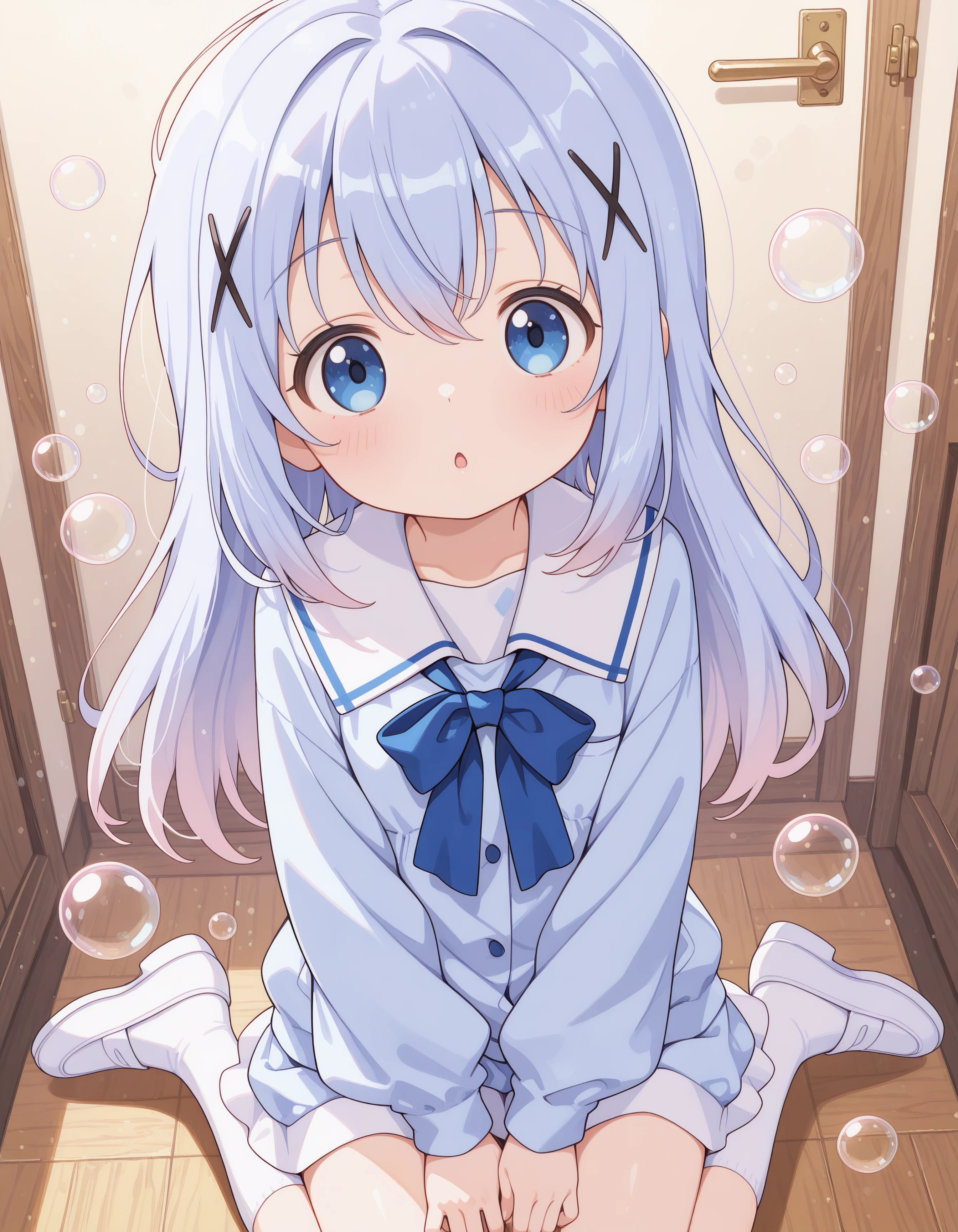 1girl, blue eyes, chino_kafu, periwinkle colored hair, tiny, cute, innocent, long hair, hair ornament, on a floor surrounded by bubbles, :o, (clothed, ultra kawaii), hdr, low contrast, looking at viewer,
masterpiece, best quality, absurdres, masterpiece, highres, perfect anatomy, anime style, anime screenshot, 8k wallpaper, ultra high quality, (extremely detailed cg), perfect lighting, (sharp image), dynamic angle