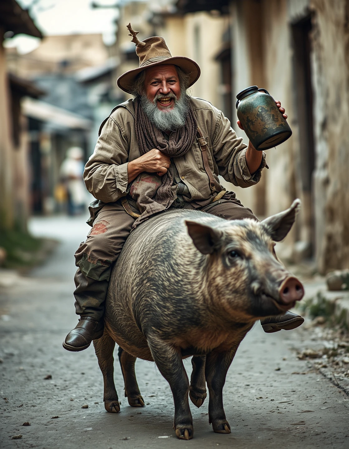 amateur photography of a drunken peasant riding a scruffy big pig through a rustic street. The peasant, a middle-aged man with a weathered face and a jovial, flushed expression, is dressed in tattered, earth-toned clothing—a loose tunic, patched trousers, and a wide-brimmed hat tipped precariously on his head. He holds a jug of wine tightly in one hand, sloshing its contents slightly as the pig sways beneath him. The pig looks unimpressed, its ears drooping and its tail lazily swishing. The atmosphere is lighthearted and humorous, capturing the clumsy, carefree demeanor of the peasant and the begrudging patience of the pig.