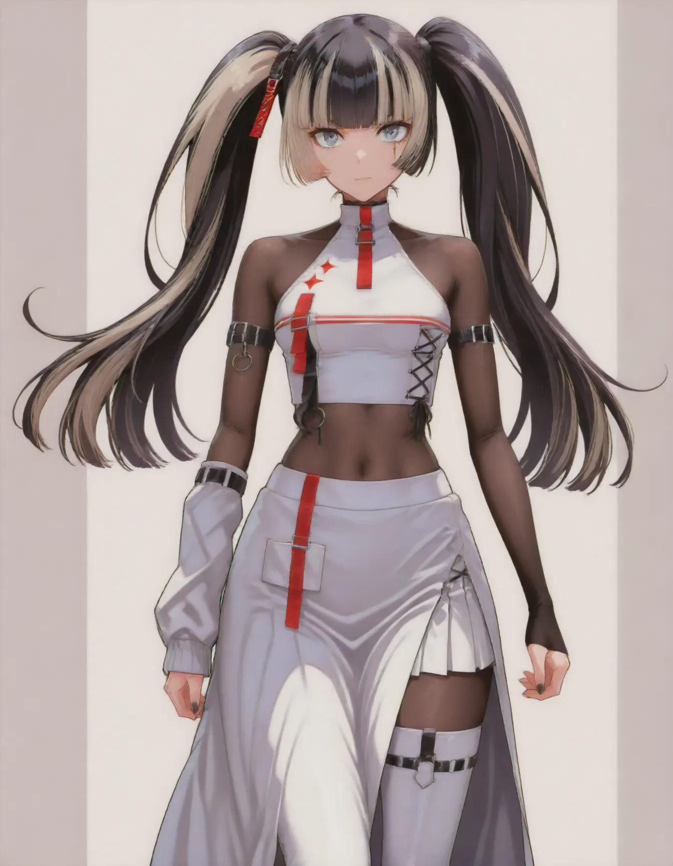 <lora:dmd2_sdxl_4step:1>,1girl,official style,masterpiece,best quality,newest,absurdres,highres,very awa,Anime,anime coloring,anime screencap,<lora:Holo_Raden:1>,solo,black hair,multicolored hair,long hair,twintails,white crop top,bodystocking,arm belt,single arm warmer,white skirt,long skirt,side slit,white thigh boots,raden2,