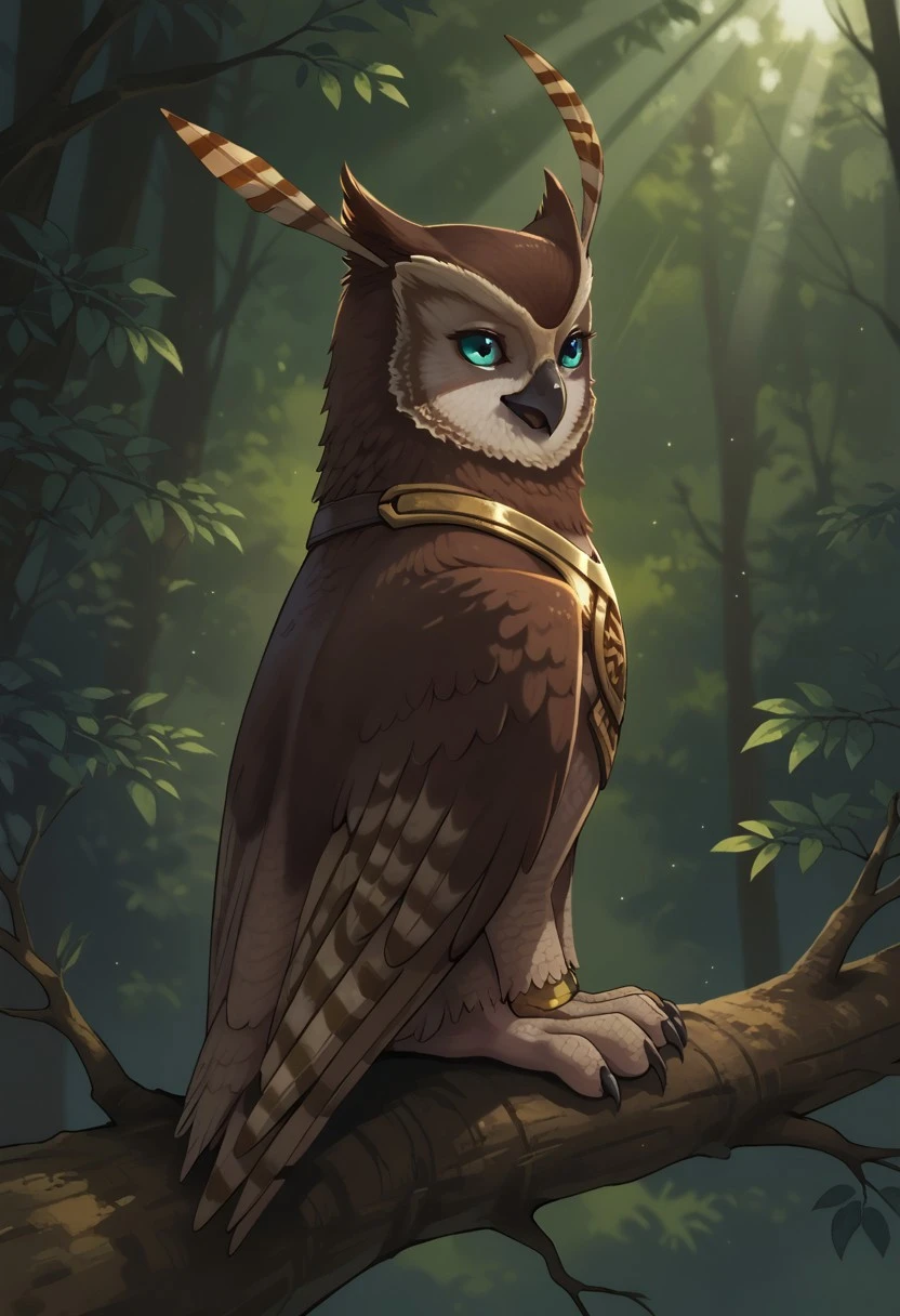 BREAK score_9, score_8_up, score_7_up, source_anime, 1girl, detailed, 1girl, Solo, Longclaw_(Sonic), owl, feral, two-tone feathers, brown-white, blue eyes, two long feathers, two feathers behind the ears, brown wings, golden armor, chest armor, (sitting on a tree branch:1.8), (sunlight dappling the leaves:1.1), forest background, view front,