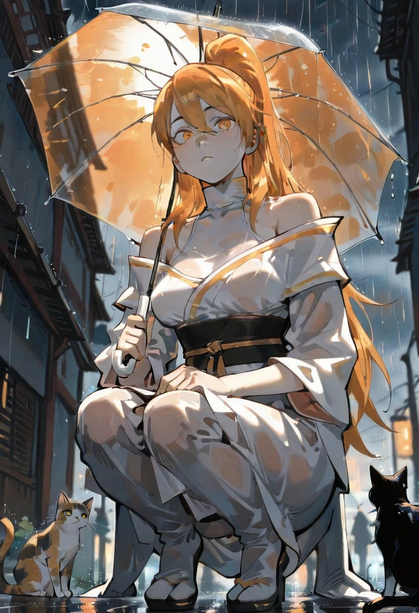 masterpiece, best quality, amazing quality, very aesthetic, absurdres, newest, (From Below:1.2), Wide Shot, Vanishing Point, (Dutch Angle:1.1), From Side, Innocence, purity,Naughty,
xiaoninger, 1girl, ponytail, long hair, orange hair, bangs, orange eyes, bare shoulder, breasts, collarbone, hair between eyes, white dress, kimono, sash, two tones dress, turtleneck, rain, holding transparent umbrella, squatting, looking at viewer, cat, blul night sky, colorful, shadowy lighting, cinematic atmosphere, high contrast, blurry background, raindrops disappearing into the sky perspective,