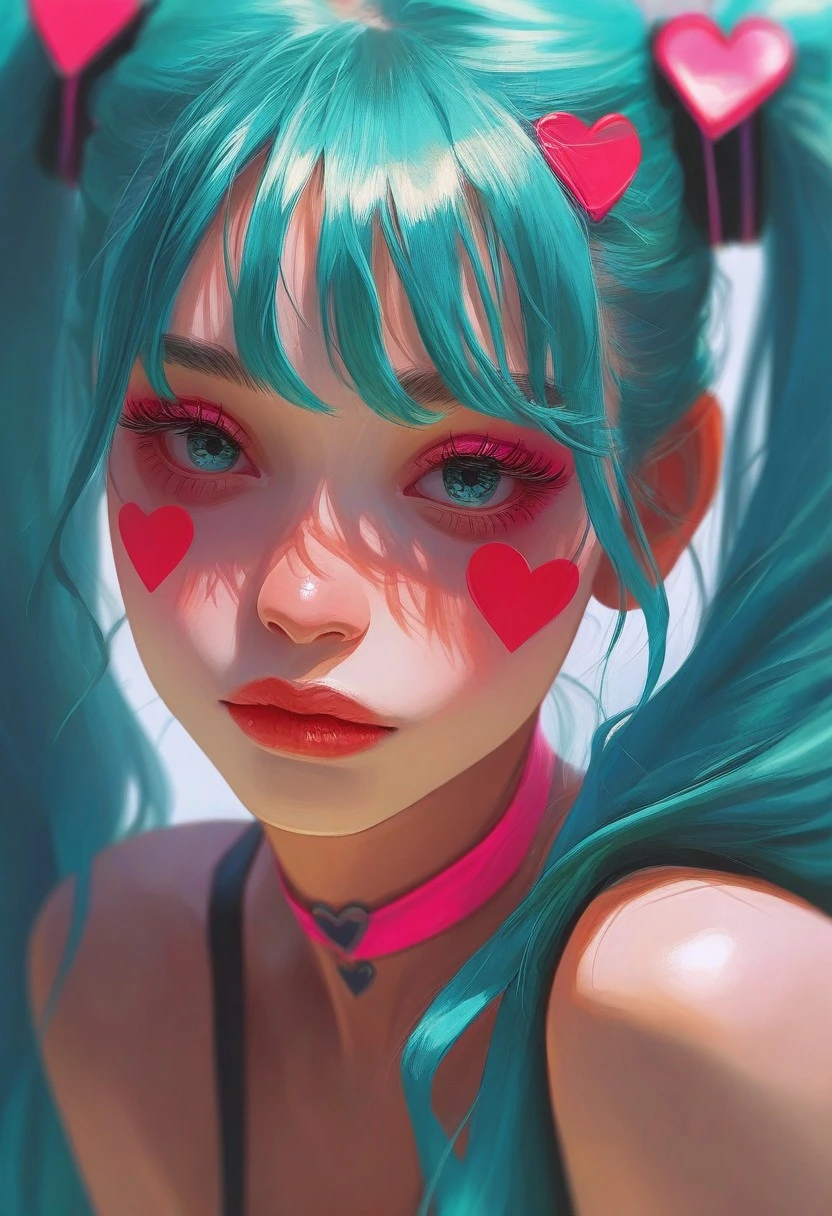 Femmes_ST, masterpiece, best quality, very aesthetic, high resolution, ultra-detailed, absurdres, newest, extremely detailed eyes, 1girl, solo, breasts, looking at viewer, bangs, blue eyes, twintails, closed mouth, blue hair, upper body, heart, choker, blurry, aqua eyes, lips, eyelashes, aqua hair, makeup, heart hair ornament, pink choker, hatsune miku