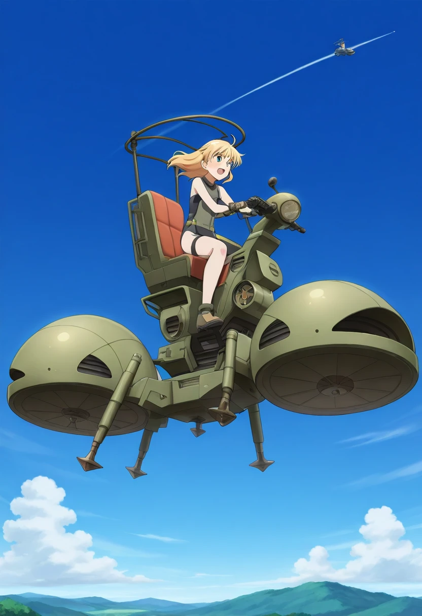 masterpiece, best quality, good quality, science fiction, wappa, 1girl riding, vehicle, air craft, anime screencap, machine 4legs, seat, roof, wind