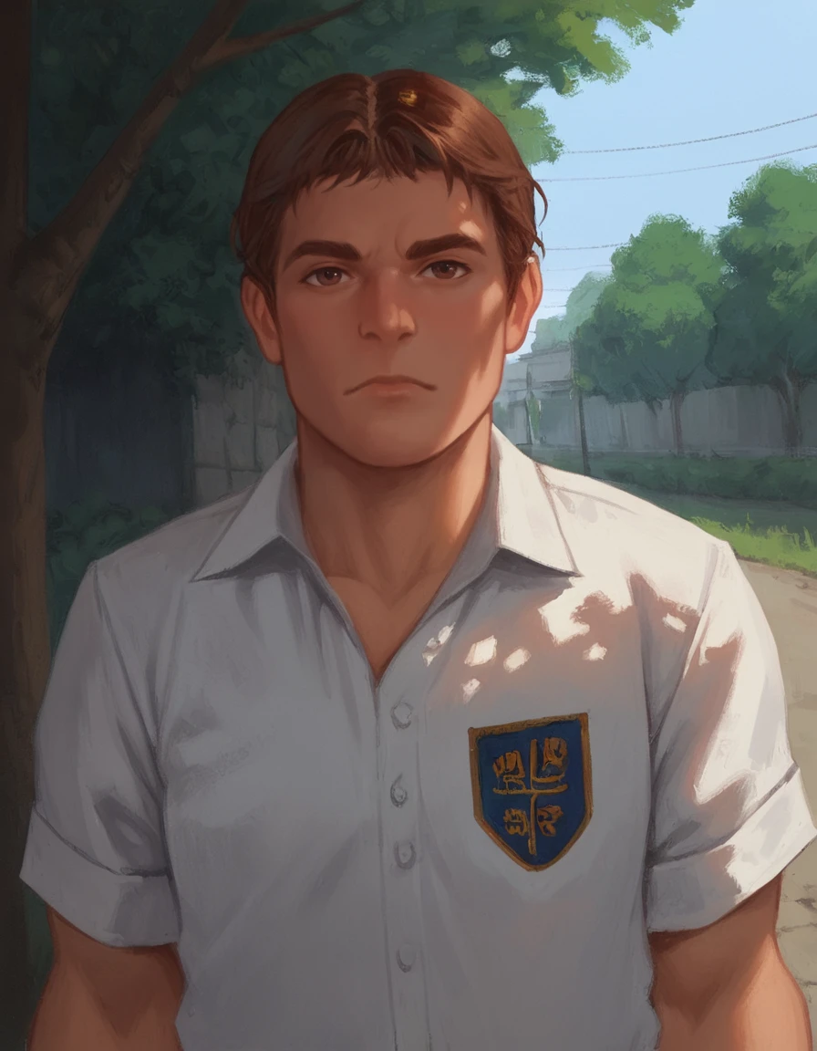 score_9, score_8_up, score_7_up, masterpiece, <lora:HKHorrorXL:1> <lora:sn0wStyle:1>solo, brown hair, shirt, outdoors, tree, upper body, looking at viewer, white shirt, short sleeves, collared shirt, brown eyes, day, closed mouth, russell northorp, muscular <lora:Russell_Northorp_Bully:1>
