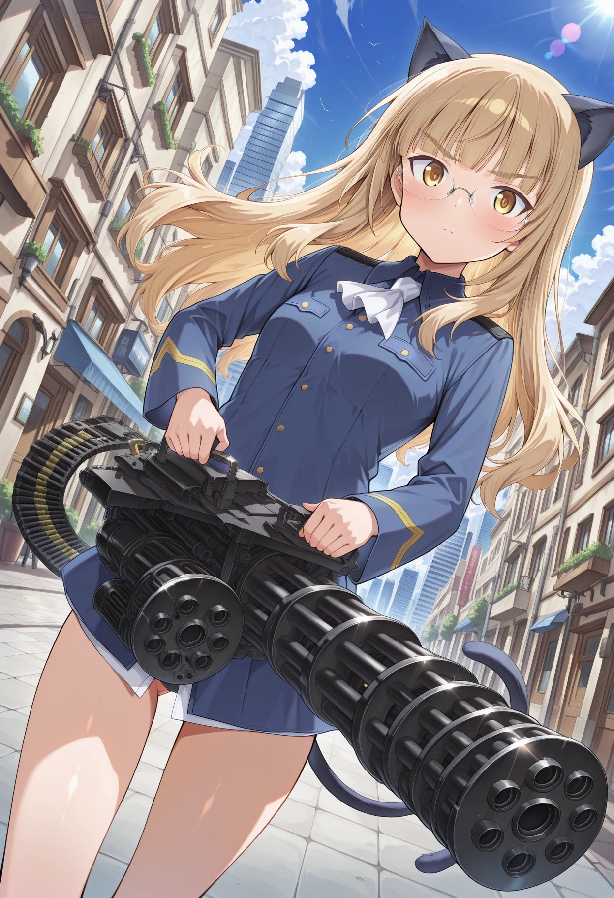 masterpiece, absurdres, newest, 1girl, c-m134, holding m134, two-handed, ammunition belt, perrine h. clostermann, world witches series, 1girl, cat girl, cat ears, cat tail, yellow eyes, glasses, long hair, blonde hair, military uniform looking at viewer, outdoors, city, day, lens flare, dutch angle,