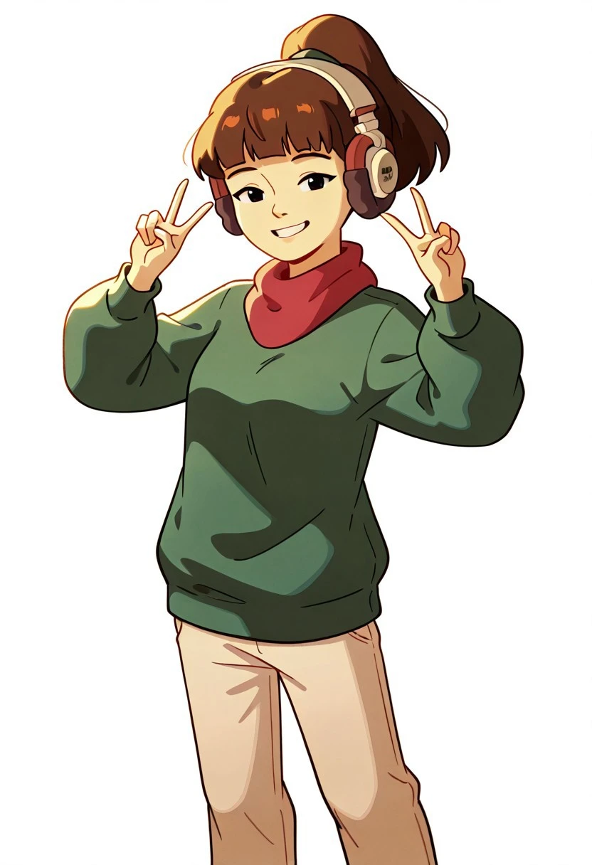 <lora:lofi_girl_ILL-10:1>2d, lofi_girl_ill, 1girl, brown hair, headphones, bangs, black eyes, hair tie, ponytail, red neck warmer, green sweater, beige pants, medium breasts,
looking at viewer, smile, teeth,
amazing quality,very aesthetic,absurdres,newest,
(white background),
standing, double v, from side