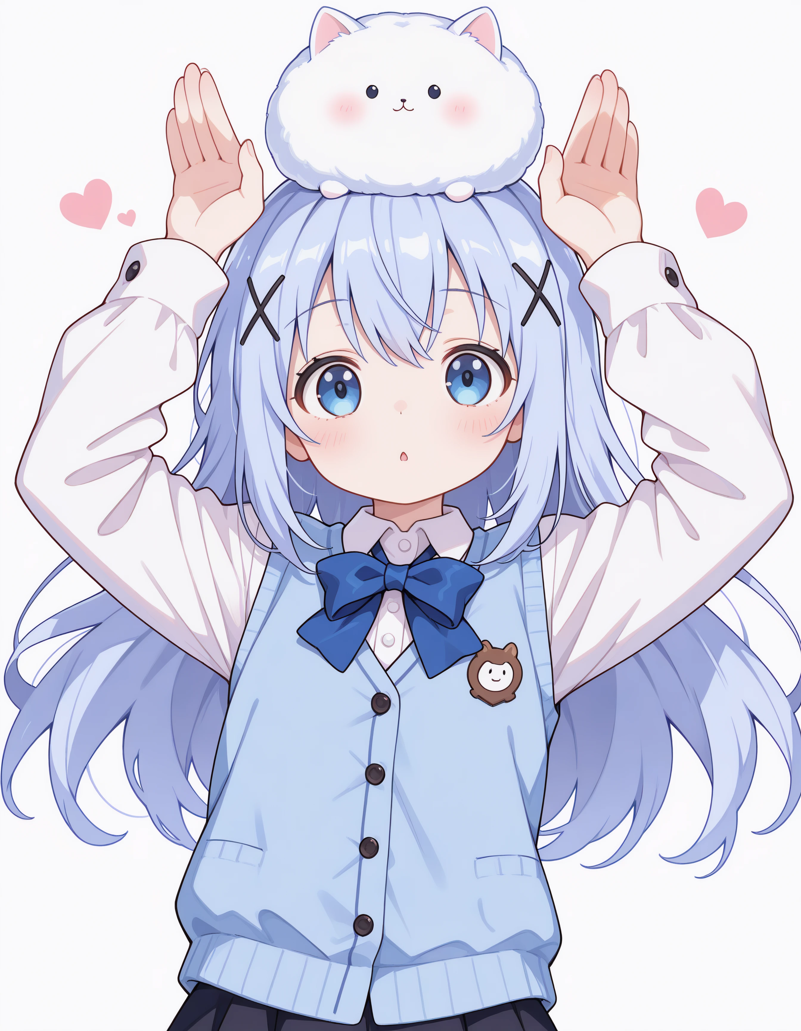 1girl, blue eyes, chino_kafu, periwinkle colored hair, tiny, cute, innocent, long hair, hair ornament, angora rabbit, blue hair, rabbit pose, animal, white background, looking at viewer, skirt, on head, long sleeves, simple background, bow, x hair ornament, shirt, hairclip, blue bow, animal on head, vest, arms up, black skirt, bowtie, heart, white shirt, blue vest, solo, collared shirt, rabbit on head, (clothed, ultra kawaii), hdr, low contrast,
masterpiece, best quality, absurdres, masterpiece, highres, perfect anatomy, anime style, anime screenshot, 8k wallpaper, ultra high quality, (extremely detailed cg), perfect lighting, (sharp image), dynamic angle