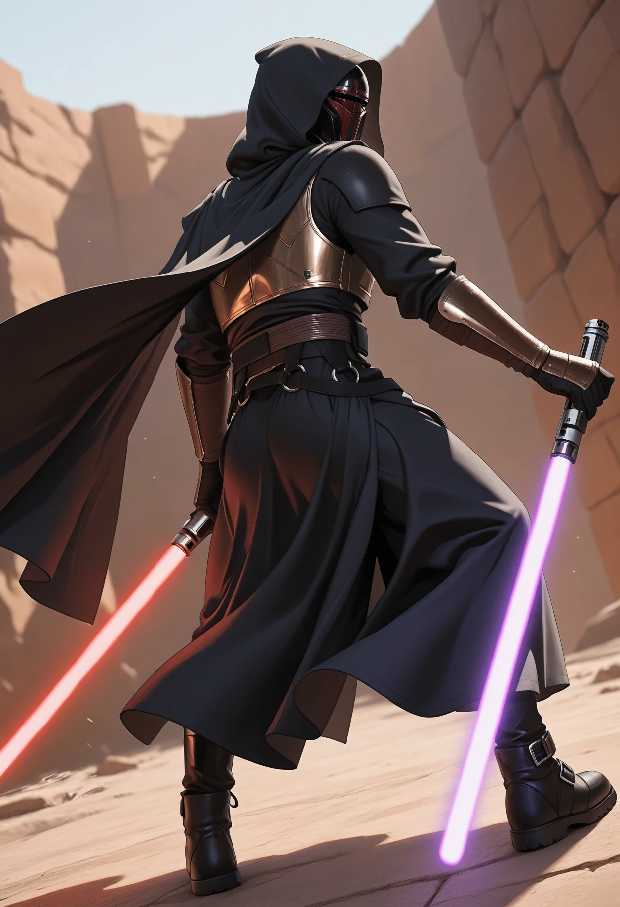 ((masterpiece, best quality, newest, absurdres, highres)),
1boy, solo,
star wars, outdoors, day, simple background,
fighting stance,
looking at viewer,
full body, from behind, dutch angle, depth of field, realistic,
<lora:Dark_RevanArmor_Illust:0.7> d4rkr3v4n4rm0r, black robe, cape, hood up, mandalorian helmet, breastplate, gauntlets, belt, belt boots, holding lightsaber, dual wielding, purple lightsaber, red lightsaber,