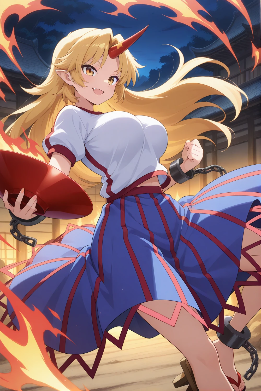 absurdres, highres, masterpiece, best quality, amazing quality, official anime artwork, screencap, anime screencap, outdoors, smile, from the side,
east asian architecture, former capital, gensokyo, underground, dark, light particles, sakazuki, fire aura, dynamic pose,
<lora:Yuugi-Hoshiguma_Illustrious:1> hoshiguma yuugi, 1girl, solo, blonde hair, yellow eyes, long hair, fang, single horn, pointy ears, oni horns, large breasts,, shackles, white shirt, blue skirt, red striped skirt, geta,