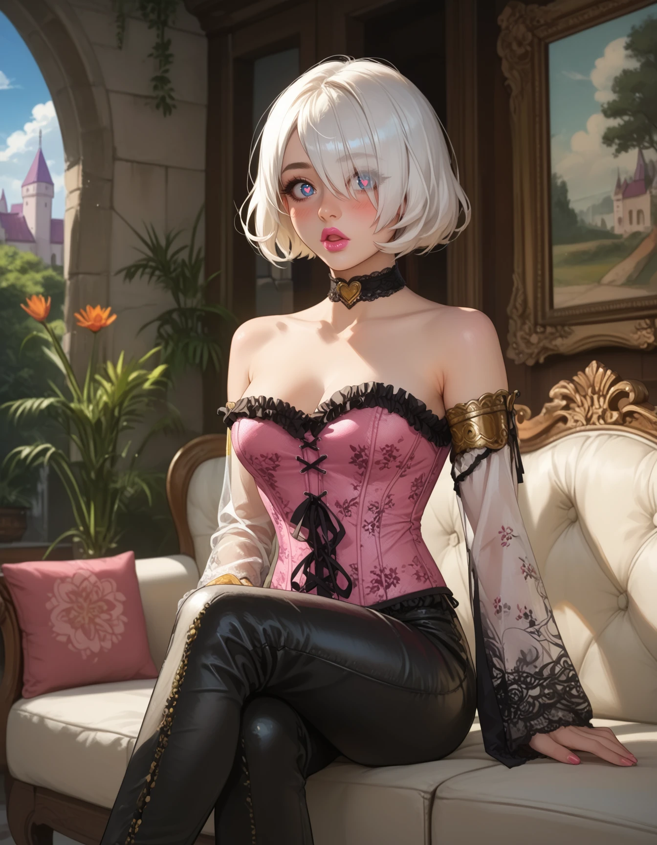 1girl, solo, score_9, score_8_up, score_7_up, score_6_up, black corset, black leather pants, lace pants, outdoors, castle, clouds, sky, dappled sunlight, surprised, ((gold armlets)), lace sleeves, detached sleeves, cowboy shot, frills, sleeves past wrists, see-through, choker, patterned clothing, (strapless) floral print, grand hall, interior, sitting, couch, blushing, heart shaped pupils,<lora:LaceSleevedCorset-PDXL2025-01-24_19-31-10-save-504-42-0:0.9> <lora:Char_courage-Kitten-PDXL:0.85> KittenCrg, 1girl, white bob cut, hair covering one eye, blue eyes,pink lipstick,pink nails, legs crossed,