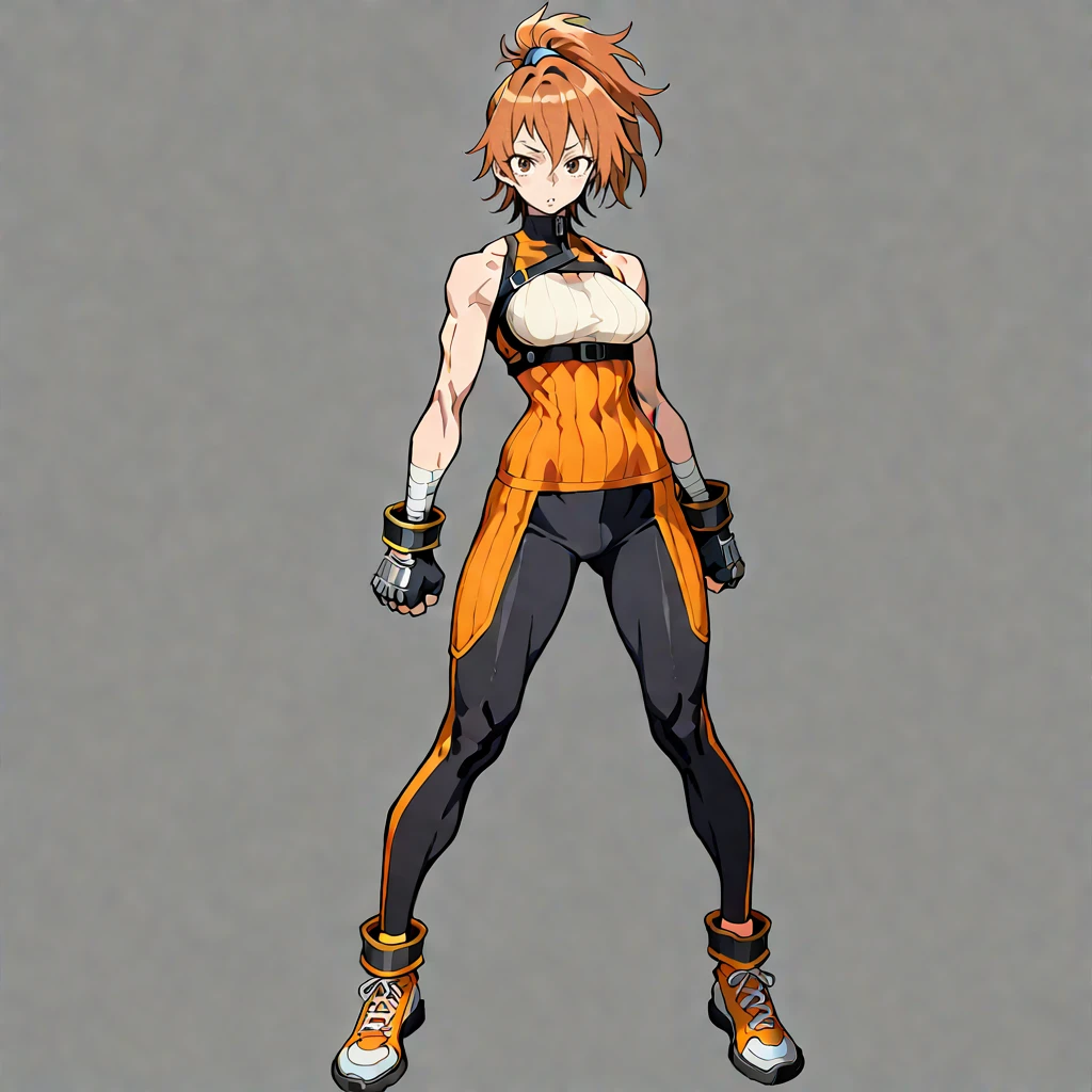 1girl,solo,masterpiece,best quality, very aesthetic, absurdres, amazing quality, high resolution, ultra-detailed, absurdres, volumetric lighting,standing pose, fullbody view, looking_at_viewer, toned, simple_background, white_background,BREAK
<lora:Kinu_Nishimura_-_Modern_Style:1> Kinu, kinu Nishumura,BREAK
<lora:Striker_DNF_Duel:1> StrikerDNF, high ponytail, brown eyes, orange hair-tie, orange sleeveless turtleneck, framed breasts, black leggings, fingerless gloves