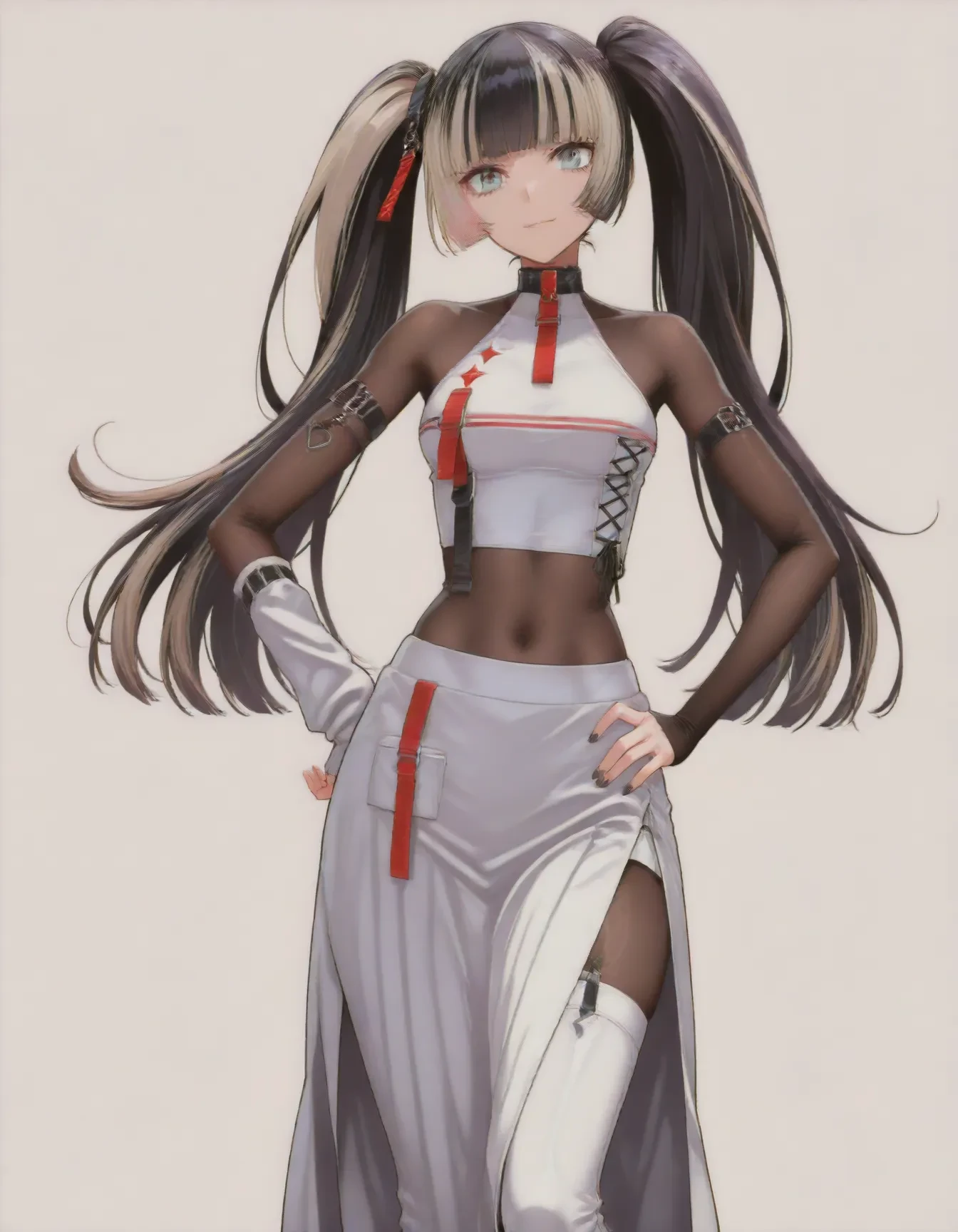<lora:dmd2_sdxl_4step:1>,1girl,official style,masterpiece,best quality,newest,absurdres,highres,very awa,Anime,anime coloring,anime screencap,<lora:Holo_Raden:1>,solo,black hair,multicolored hair,long hair,twintails,white crop top,bodystocking,arm belt,single arm warmer,white skirt,long skirt,side slit,white thigh boots,raden2,smile,hand on own hip,