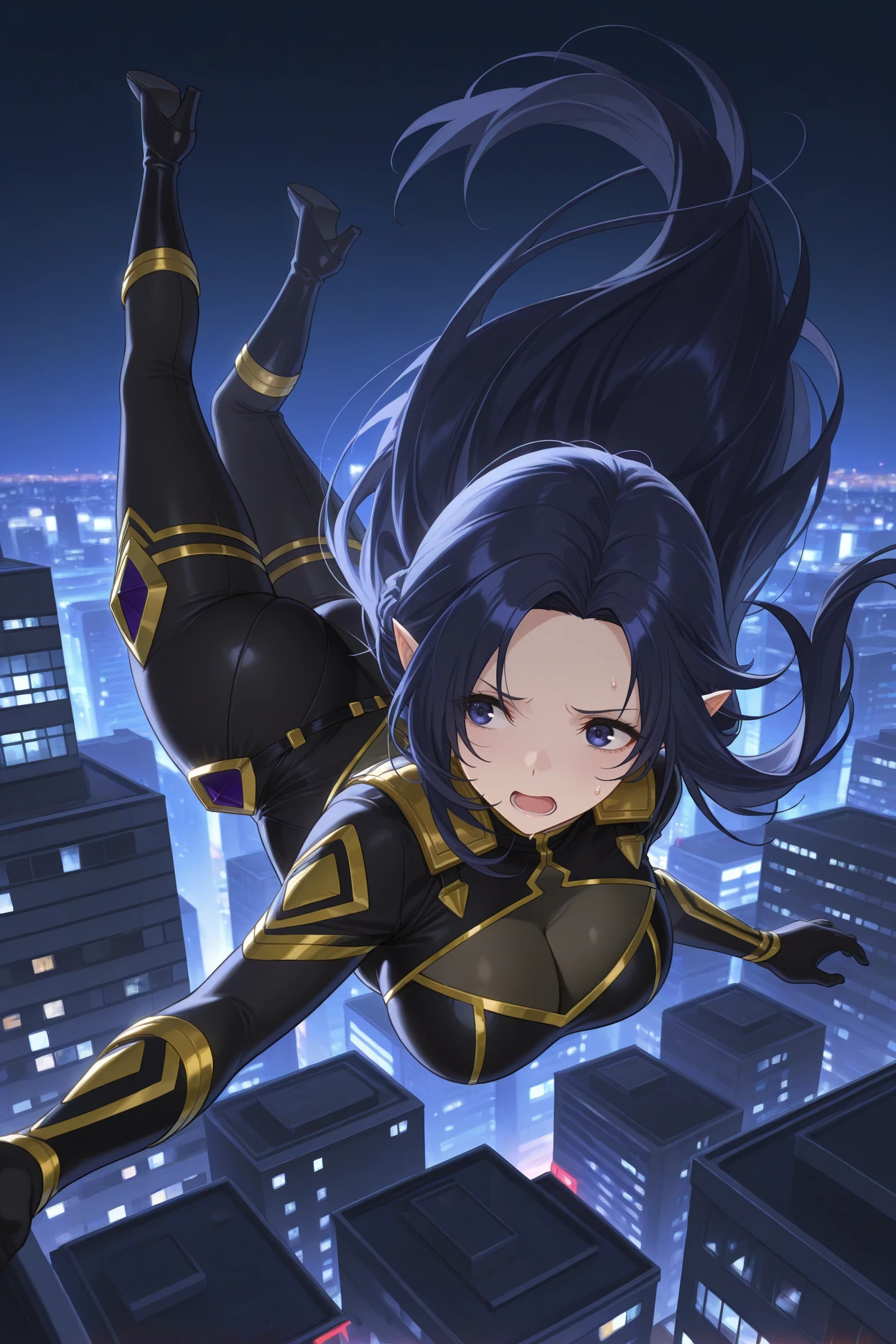 (masterpiece, Best quality:1.2), crow, 1 girl, One, breast, medium breast, gloves, belt, fingerless gloves, e.g, swimsuit, colored leather, high leg, black swimsuit, high leg swimsuit, gray skin, gem on forehead, loose belt, on open air, flying, night sky, skyline, sky,