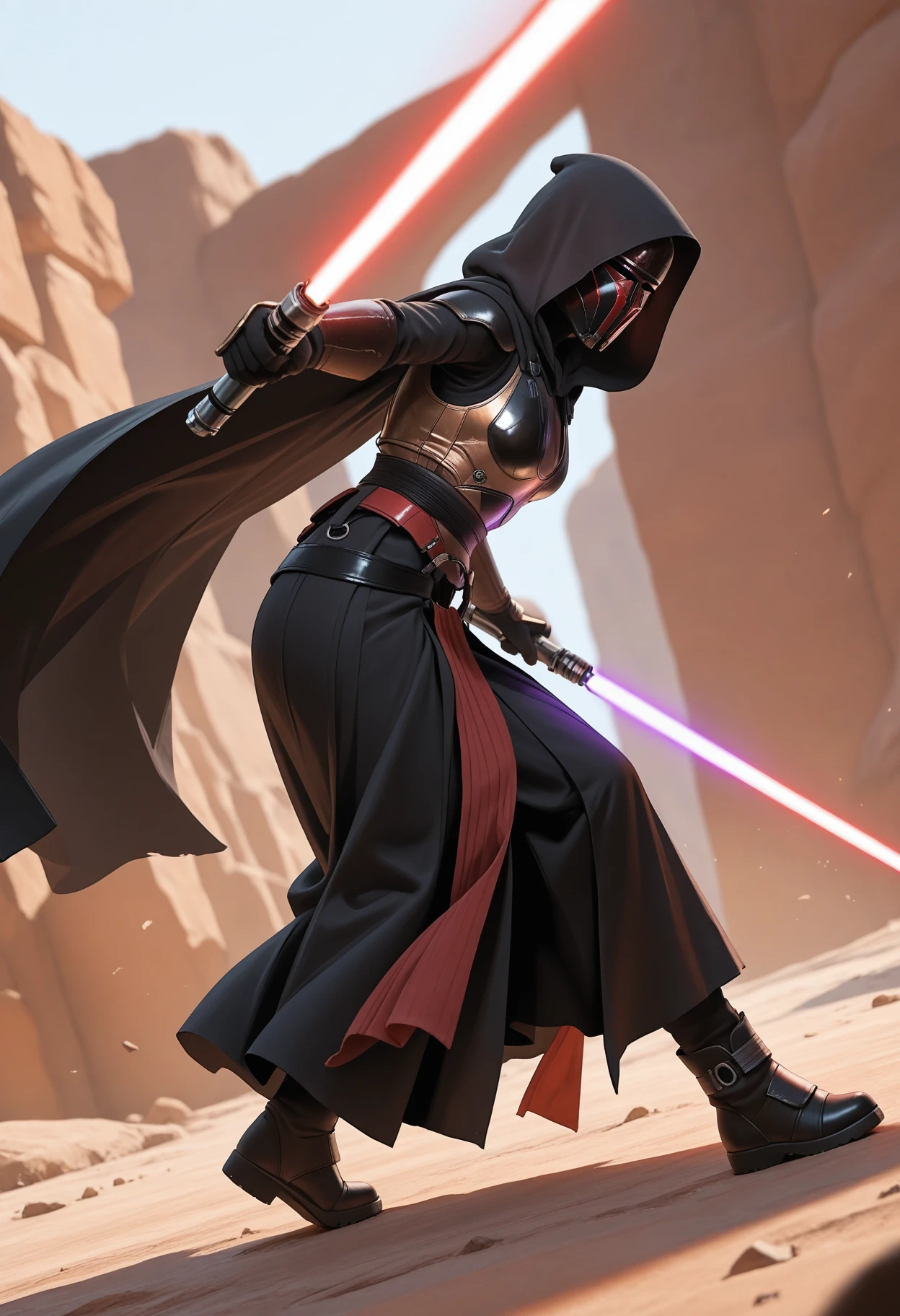 ((masterpiece, best quality, newest, absurdres, highres)),
1girl, solo,
star wars, outdoors, day, simple background,
fighting stance,
looking at viewer,
from side, dutch angle, depth of field, realistic,
<lora:Dark_RevanArmor_Illust:0.7> d4rkr3v4n4rm0r, black robe, cape, hood up, mandalorian helmet, breastplate, gauntlets, belt, belt boots, holding lightsaber, dual wielding, purple lightsaber, red lightsaber,