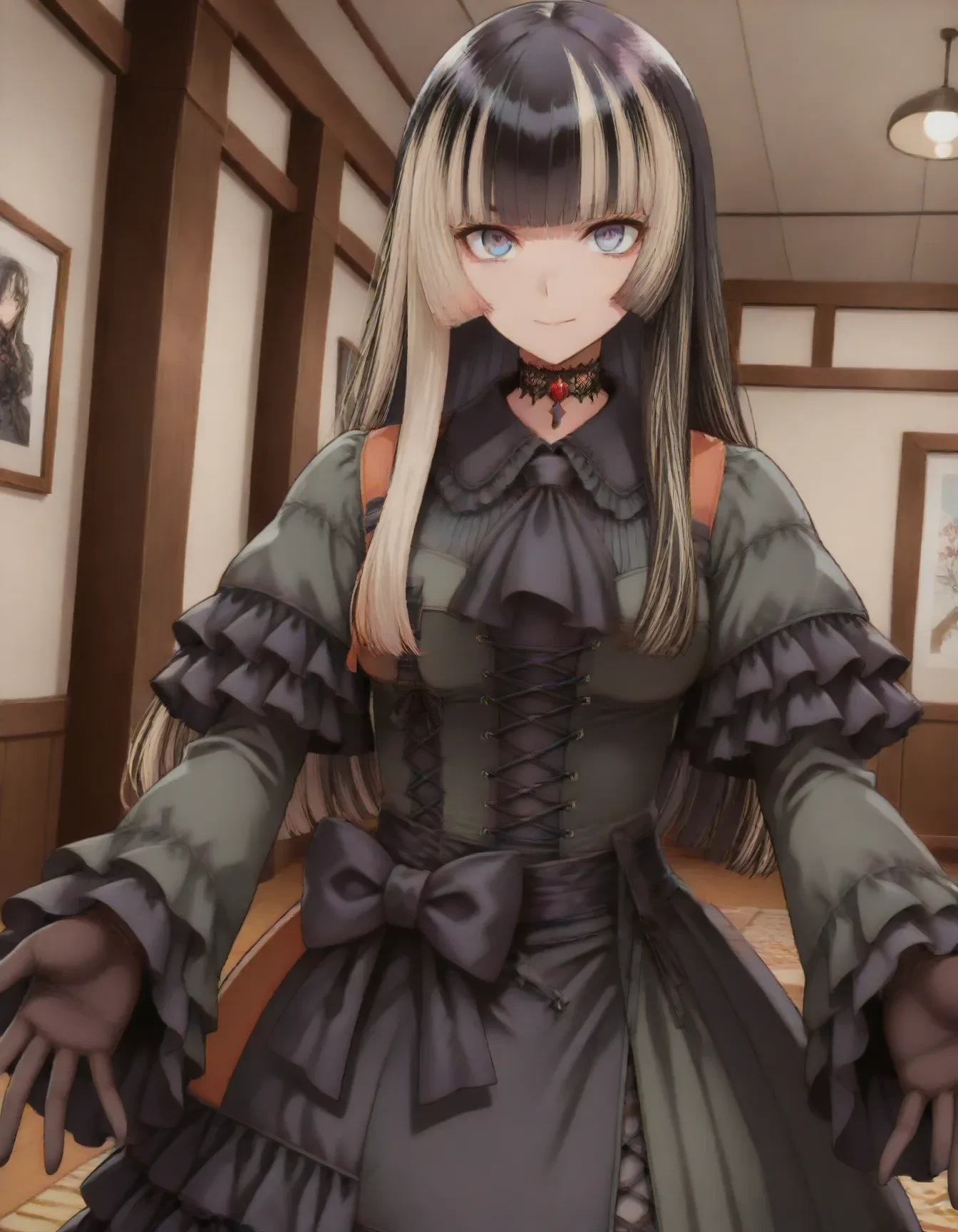 <lora:dmd2_sdxl_4step:1>,1girl,official style,masterpiece,best quality,newest,absurdres,highres,very awa,Anime,anime coloring,anime screencap,<lora:Holo_Raden:1>,juufuutei raden,solo,black hair,multicolored hair,long hair,hime cut,choker,black ascot,multicolored dress,black dress,green dress,frills,black bow,waist bow,long sleeves,black gloves,art gallery,smile,dutch angle,outstretched_arms,reaching,