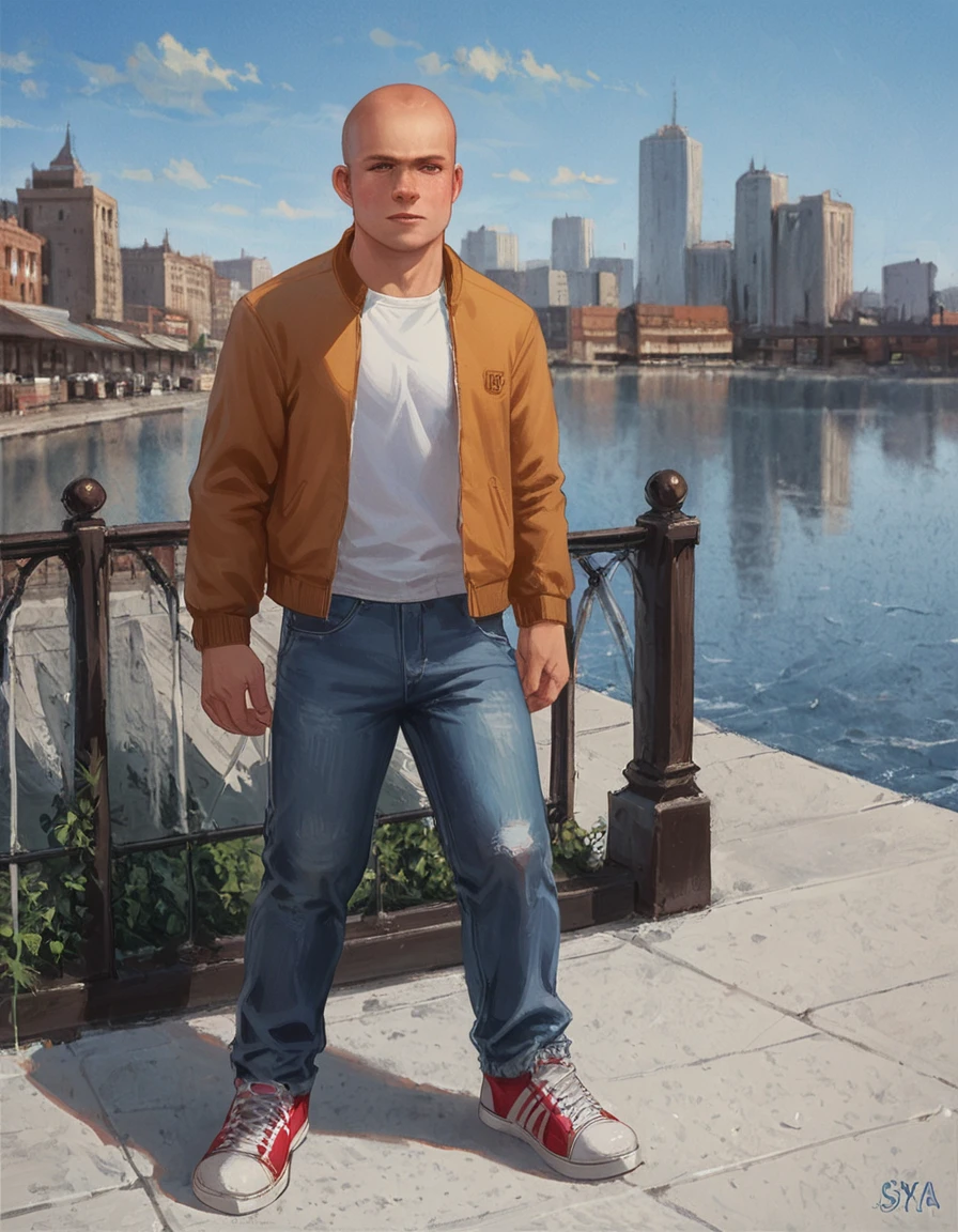 score_9, score_8_up, score_7_up, masterpiece, <lora:HKHorrorXL:1> <lora:sn0wStyle:1>1boy, male focus, solo, bald, pants, shoes, jacket, denim, sneakers, shirt, jeans, white shirt, outdoors, building, realistic, sky, city, jimmy hopkins <lora:Jimmy_Hopkins_Bully:0.8>