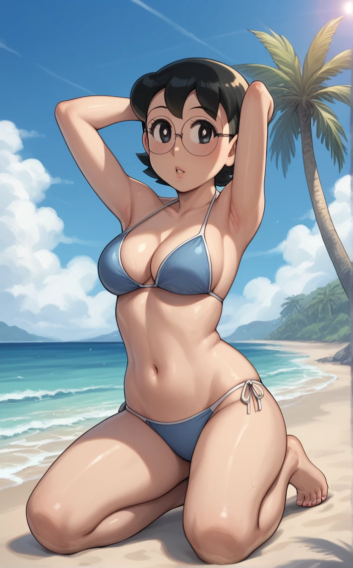 (perfect body),highest quality,16k、Masseter muscle part、((NSFW))、((blush))、((((embarrassing))))、:d、obesity、(brown skin)、Tree Fe○lumes、short hair、(red eyes),black hair、((Sweat))、(big ass)、((huge breasts))、((thick thighs))、(White Bikini)、white knee socks、(beach)、Glasses、(crawl on all fours)、Hands on the ground