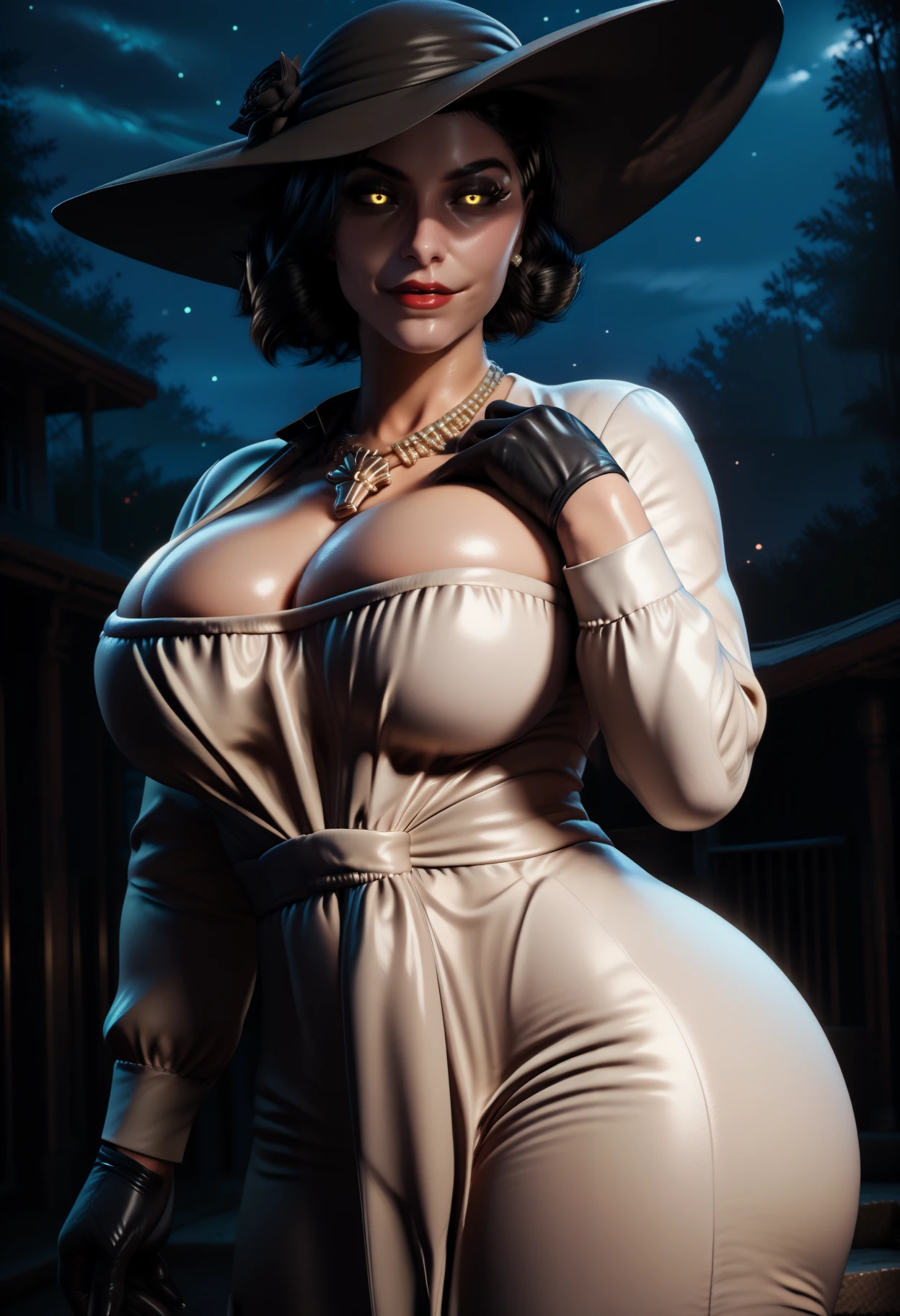 masterpiece, best quality, 3d, shiny skin, newest, hdr, dark, night, moonlight, star \(sky\), outdoors, looking at viewer, 1girl, solo, alcina dimitrescu, mature female, pale skin, makeup, yellow eyes, red lips, asymmetrical hair, short hair, black hair, large breasts, white dress, long sleeves, cleavage, pearl earrings, pearl necklace, black flower, black gloves, black hat, sun hat, tall female, thick thighs, gesugao, evil smile, shaded face, glaring, crazy eyes, ojou-sama pose