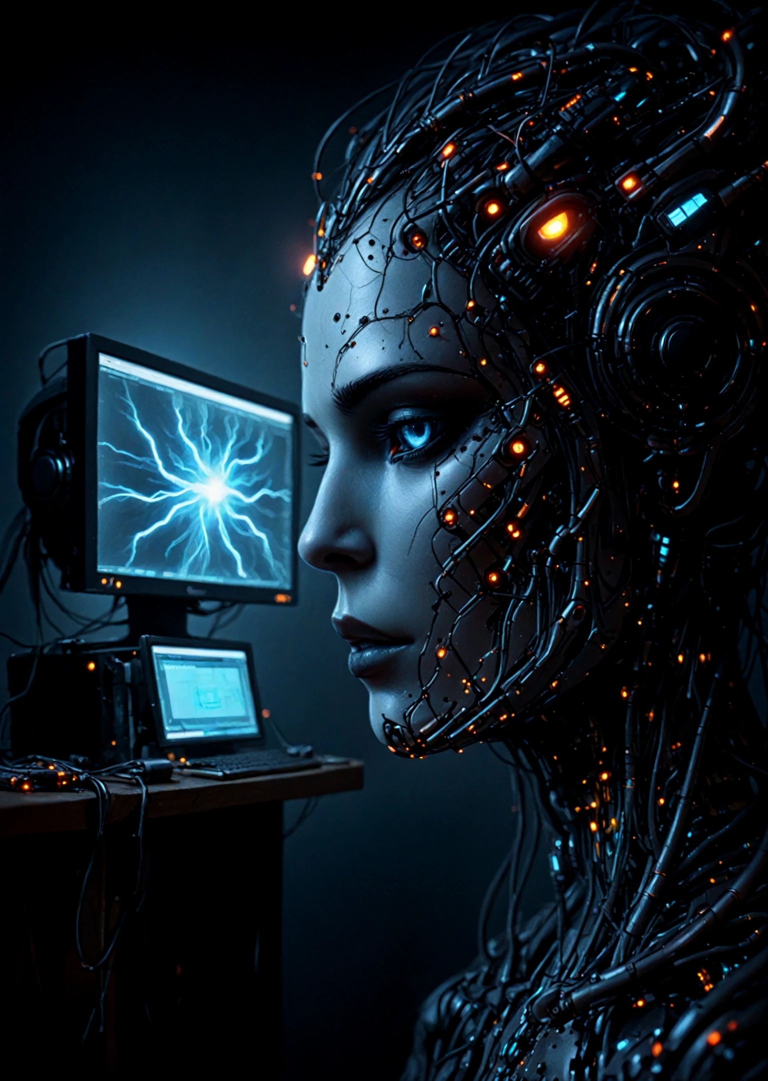 A hyper-realistic, unsettling close-up portrait fusing two enigmatic figures into a single, otherworldly being. The spectral, all-knowing cyborg emerges with a smooth, glowing surface of advanced technology, its face featureless yet alive with intricate digital patterns. Electric blue lines pulse across its surface, shifting and morphing like a living neural network, suggesting an existence within a vast interconnected web. Hollow eyes radiate an eerie, ethereal quality, as if seeing beyond the physical realm, and glowing circuits blend seamlessly into its surroundings, a deep gradient from white to pale blue filled with subtle digital glitches hinting at higher intelligence. From the shadows of this cybernetic form, the rugged presence of a slightly muscular man emerges as a faint duality. His unkempt hair falls like strands of static across the glowing face, revealing one piercing eye that gleams with intensity. A sly, mischievous grin hints at a dangerous charisma, contrasting with the pastel-colored T-shirt and oversized vintage black headphones resting heavily against the figure’s sleek, technological frame. The pale monitor glow casts an eerie light over both organic and digital textures, blending the rugged and the spectral into a single captivating, otherworldly presence. The result is an unnerving harmony of man and machine, a haunting observer that feels alive yet unreachably distant., <lora:lora\Add_more_details_V2_XLpony.safetensors:0.8:0.8>